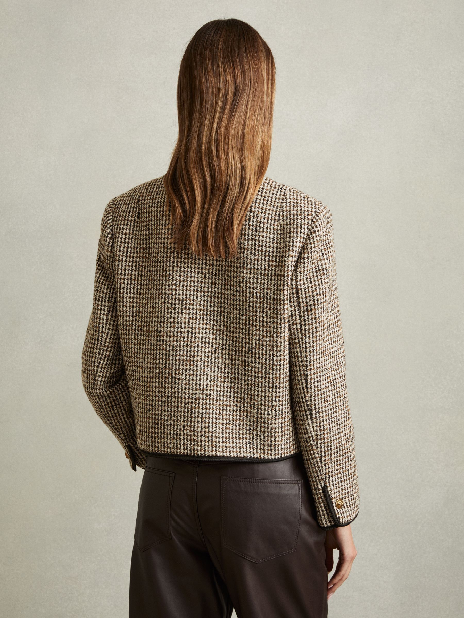 Reiss Cropped Wool Blend Tweed Jacket in Brown REISS