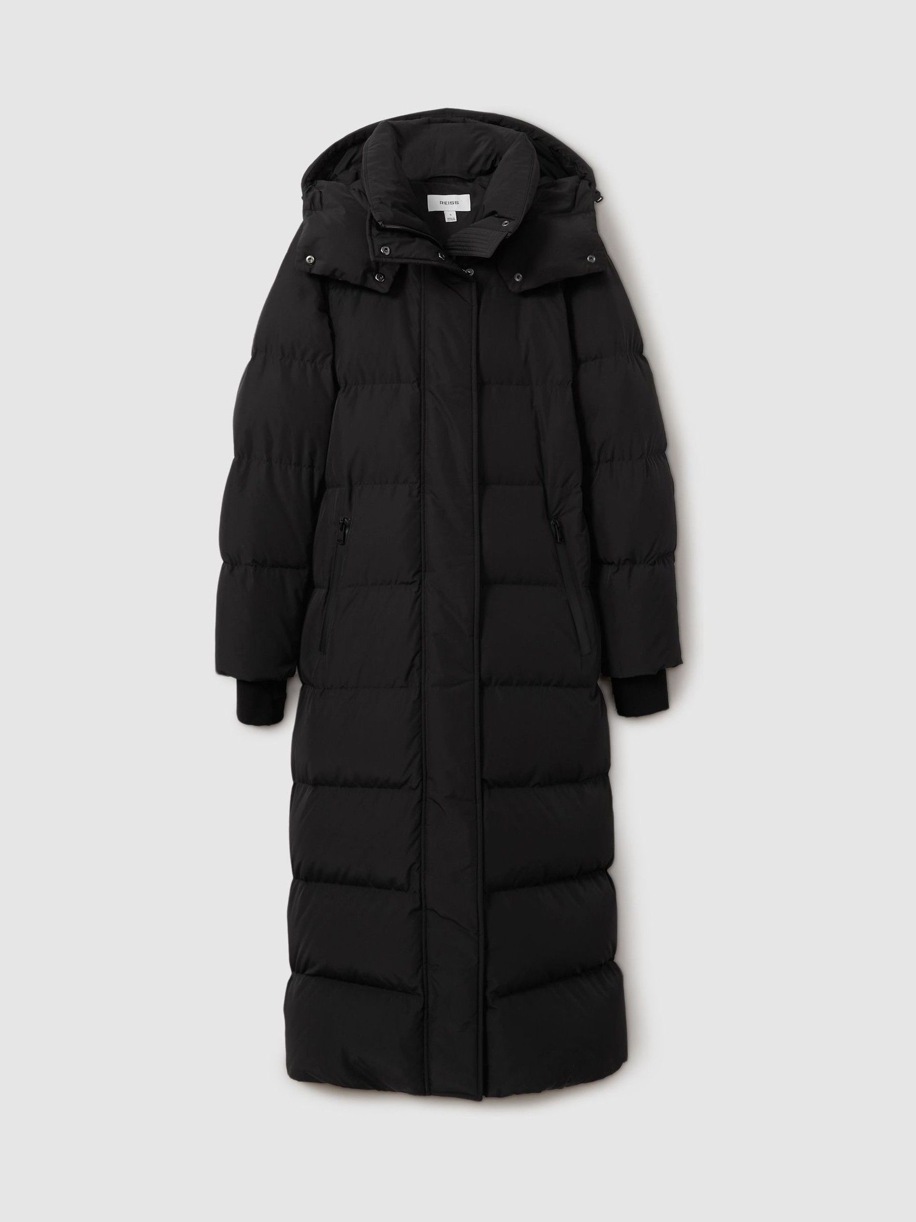 Reiss Petite Longline Hooded Puffer Coat in Black REISS