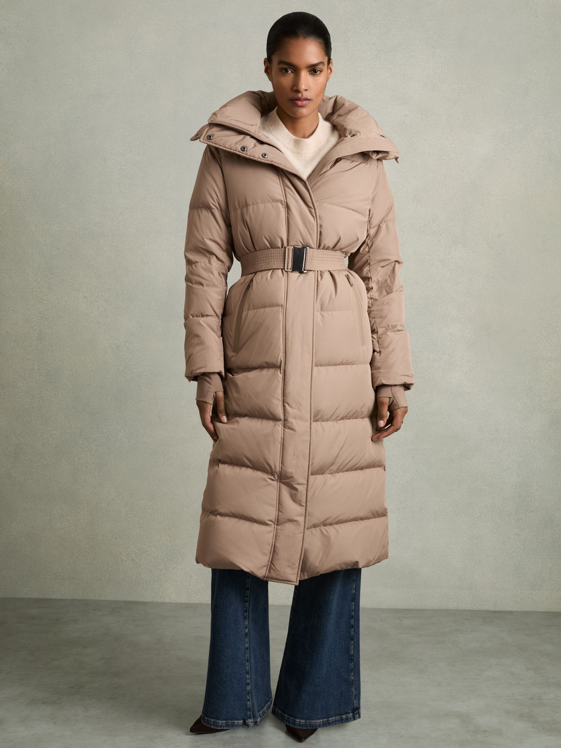 Petite Longline Hooded Puffer Coat in Mink Neutral