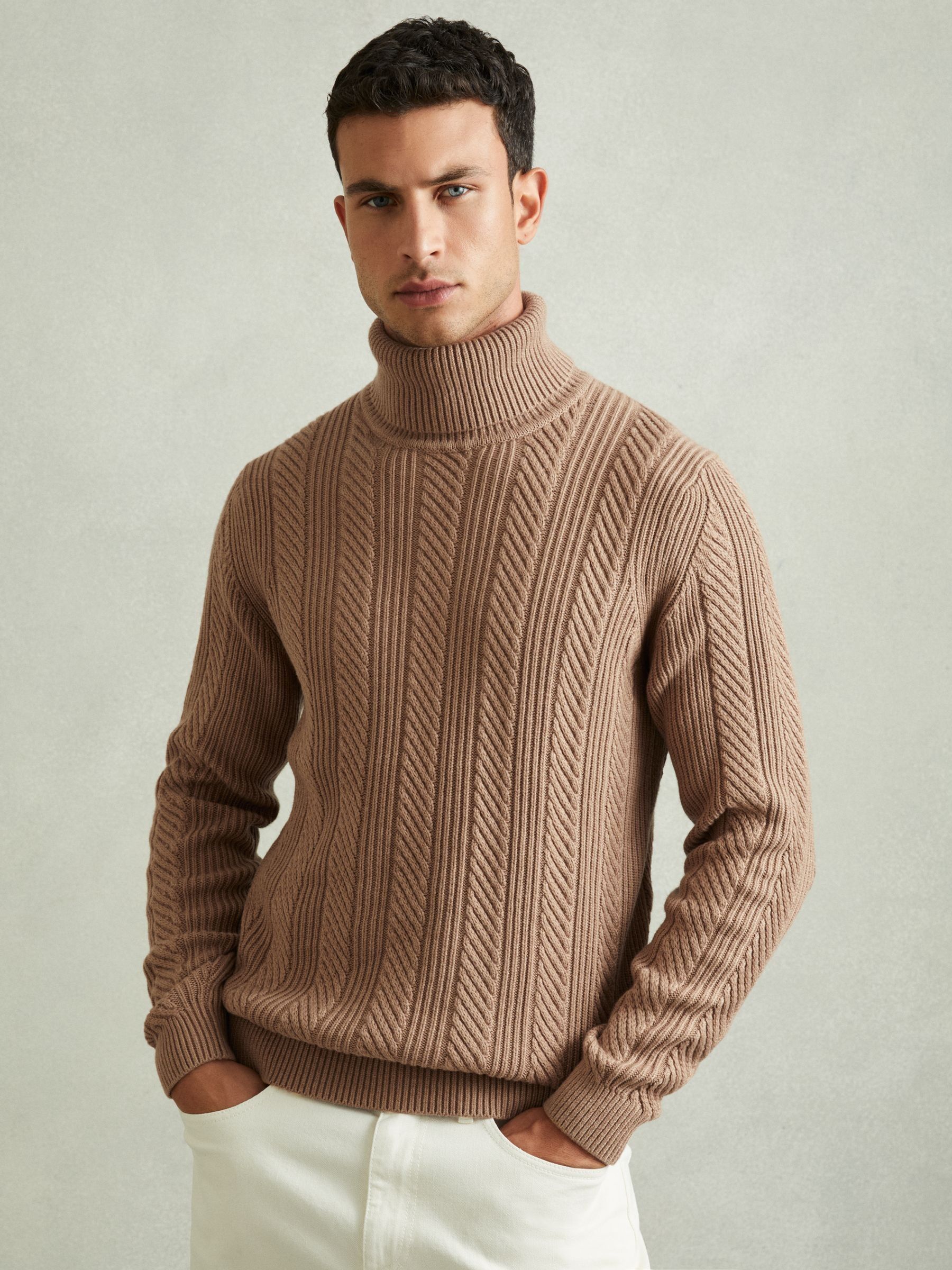 Reiss Cabled Roll Neck Jumper with Cotton and Wool in Camel REISS