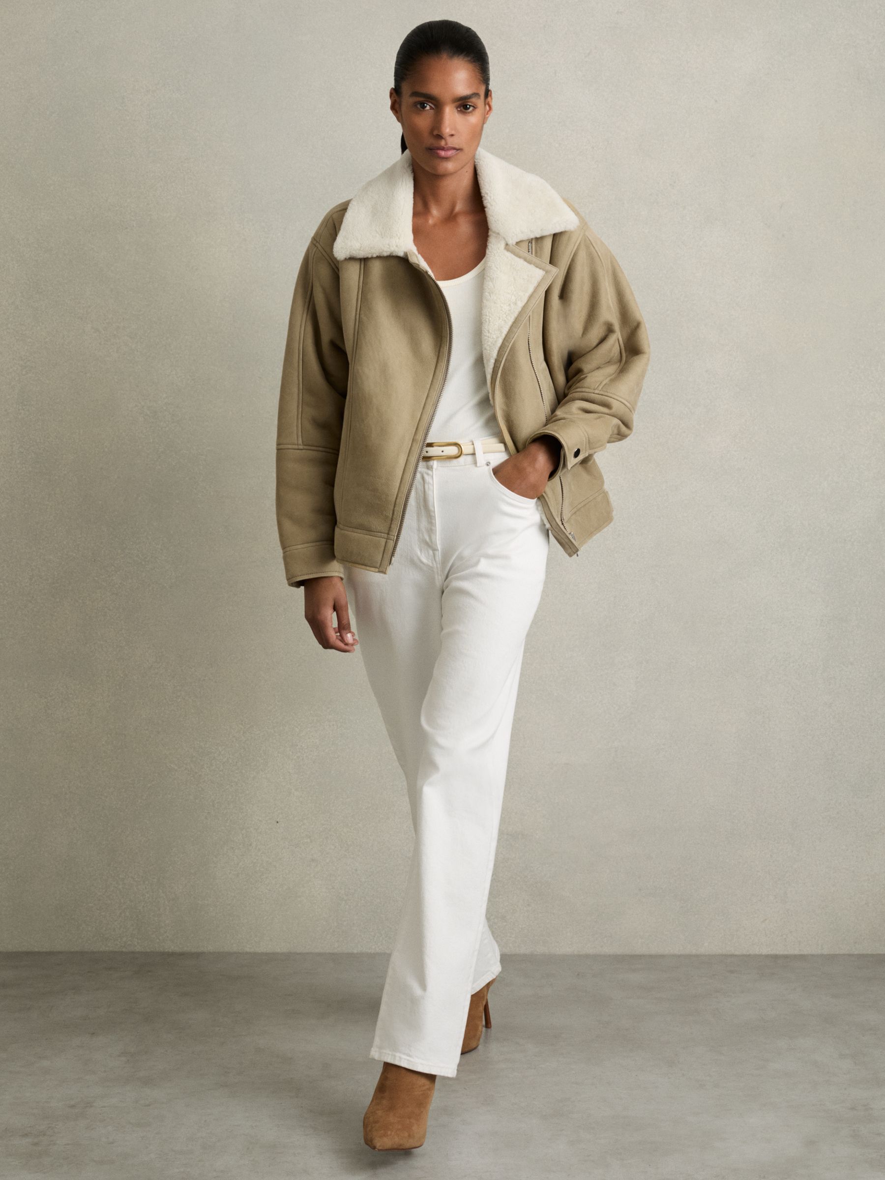 Shearling Lined Leather Aviator Jacket in Light Green