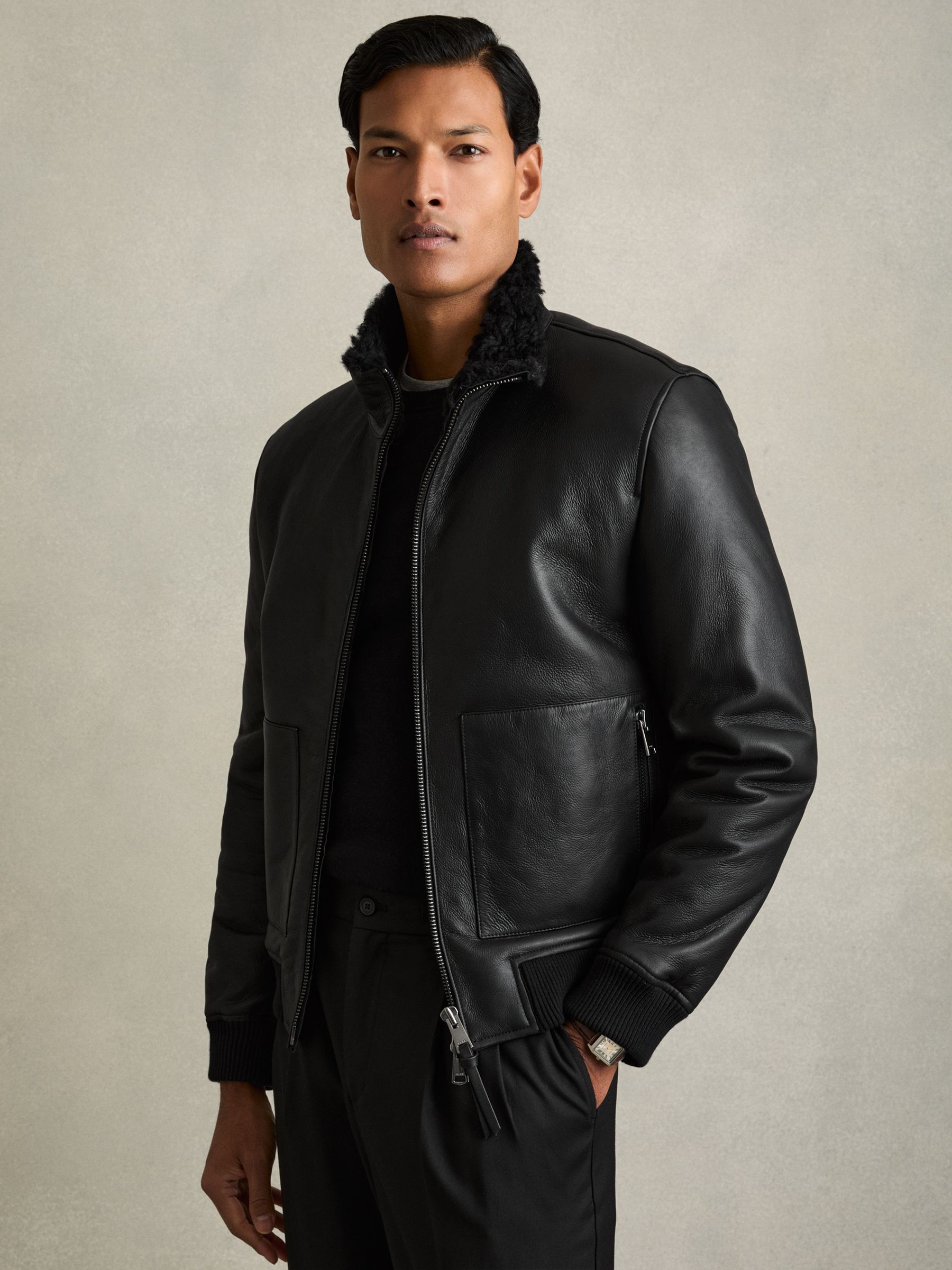 Reiss Shearling Lined Leather Jacket in Black REISS