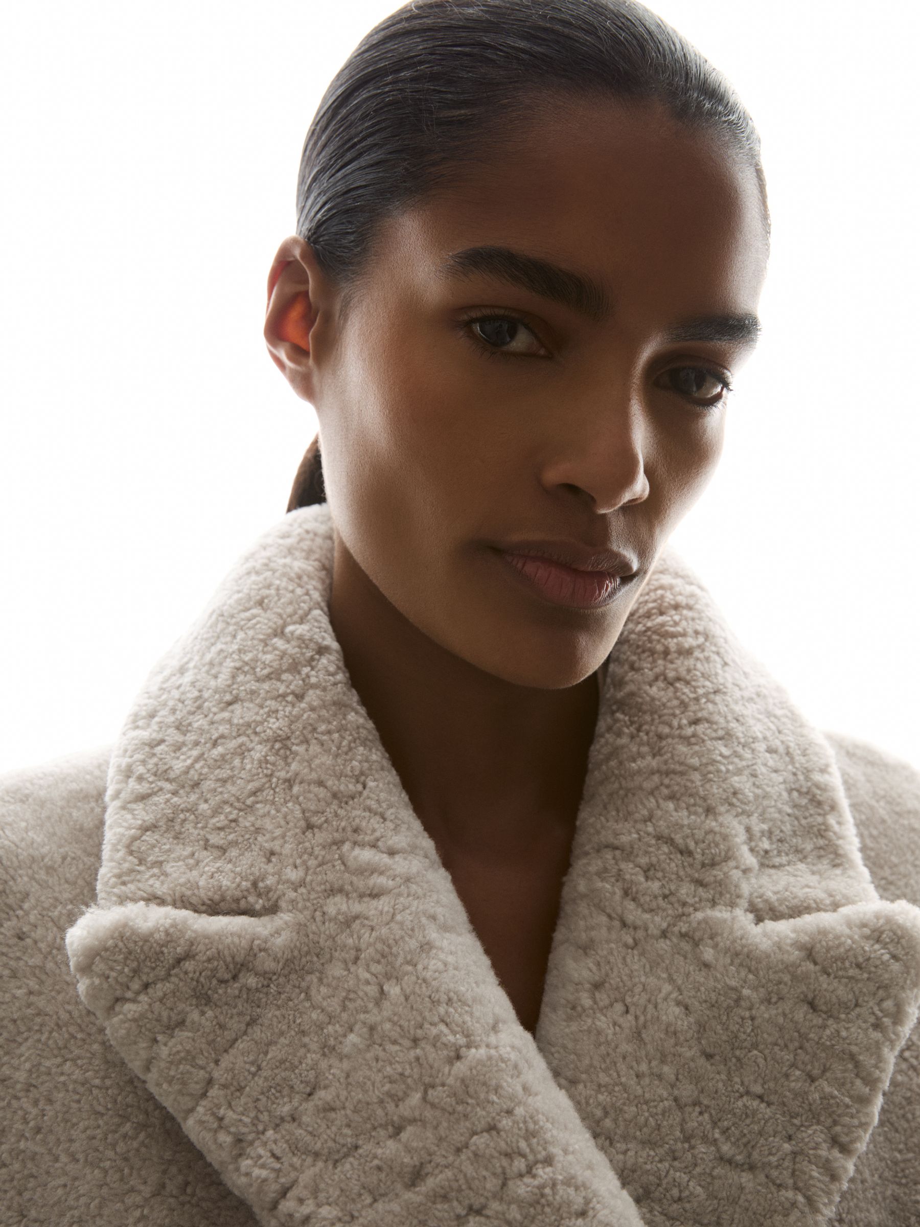 Reiss Double Breasted Long Shearling Coat in Neutral REISS