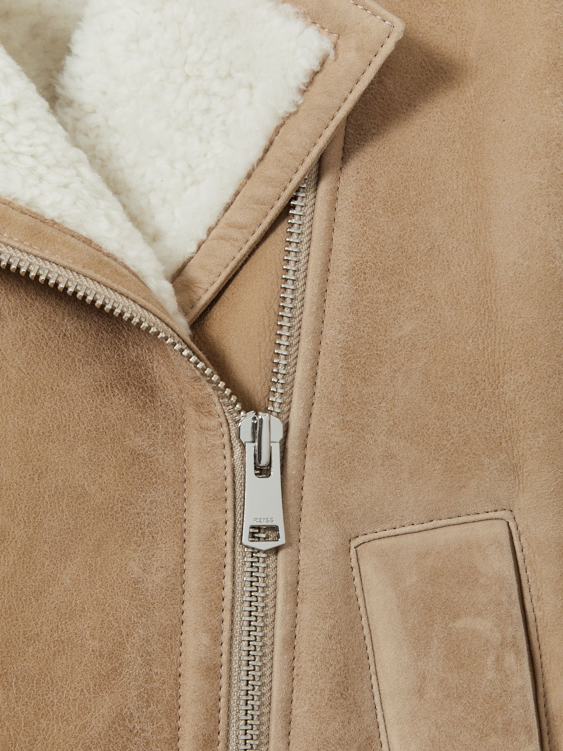 Reiss Shearling Lined Leather Aviator Jacket in Neutral REISS