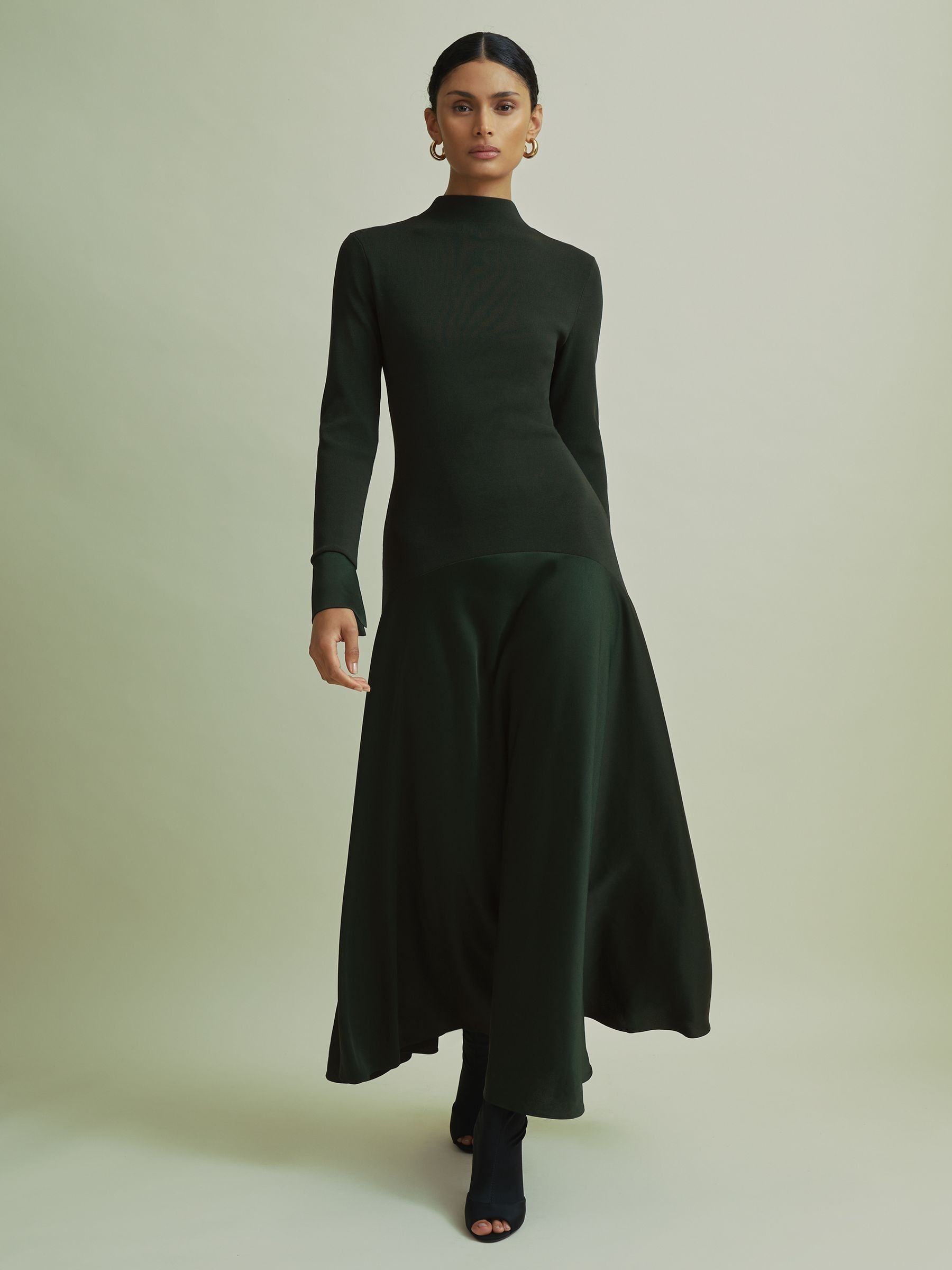Florere Hybrid Knit Satin Midi Dress in Dark Green