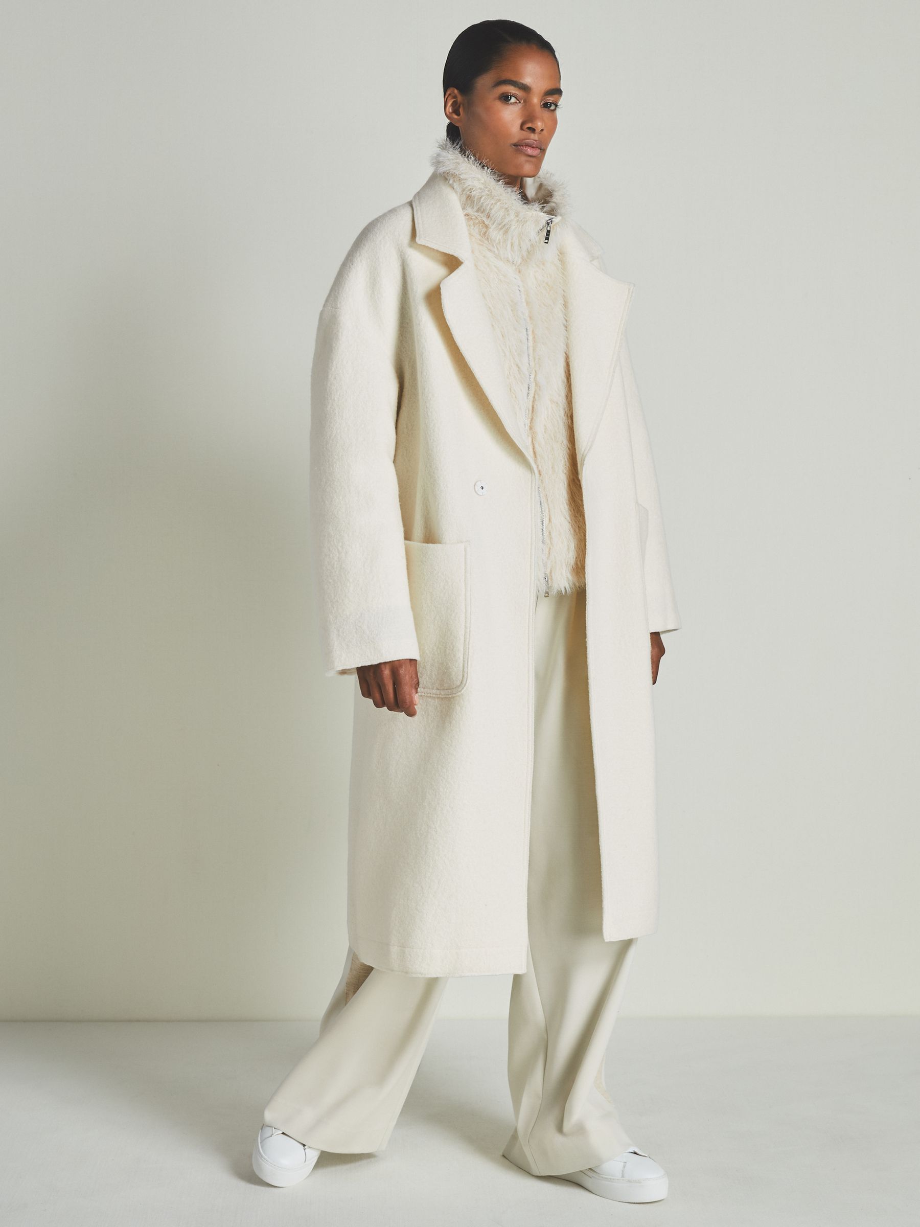 Reiss Reiss Les 100 Ciels Faux Fur Coat in Cream REISS