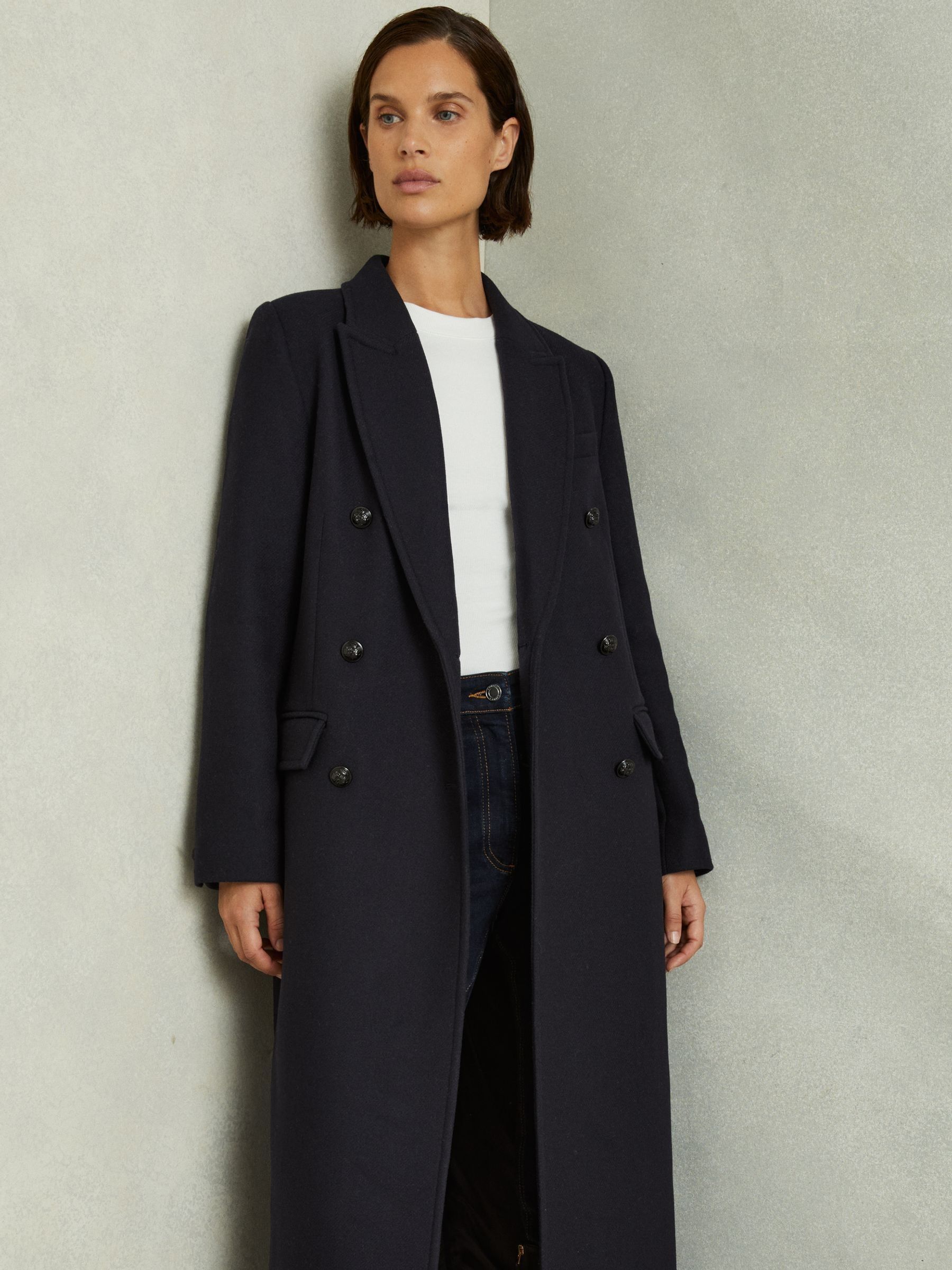 Wool blend Twill Double Breasted Coat in Navy