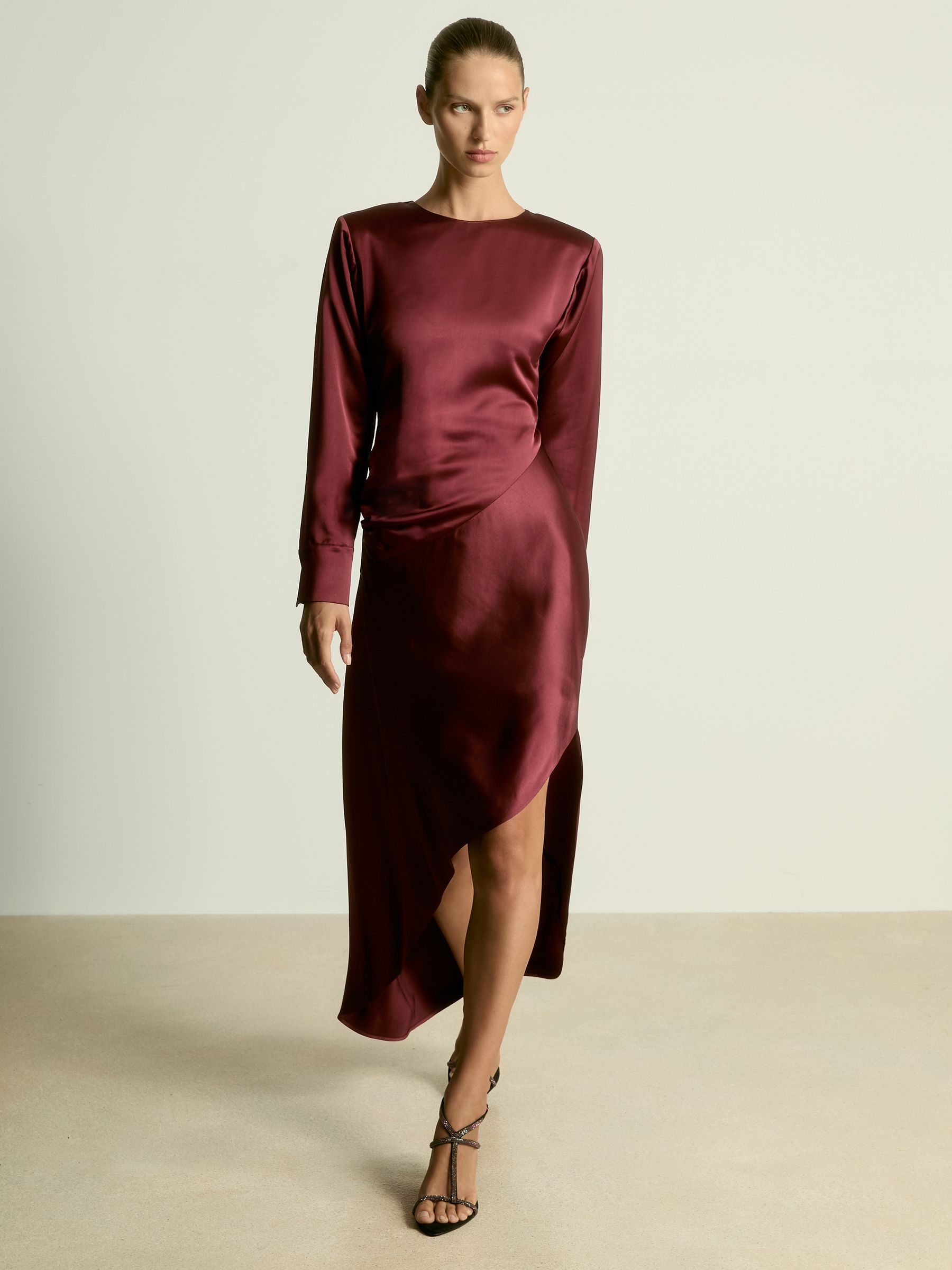 Reiss Satin Asymmetric Draped Maxi Dress in Burgundy REISS