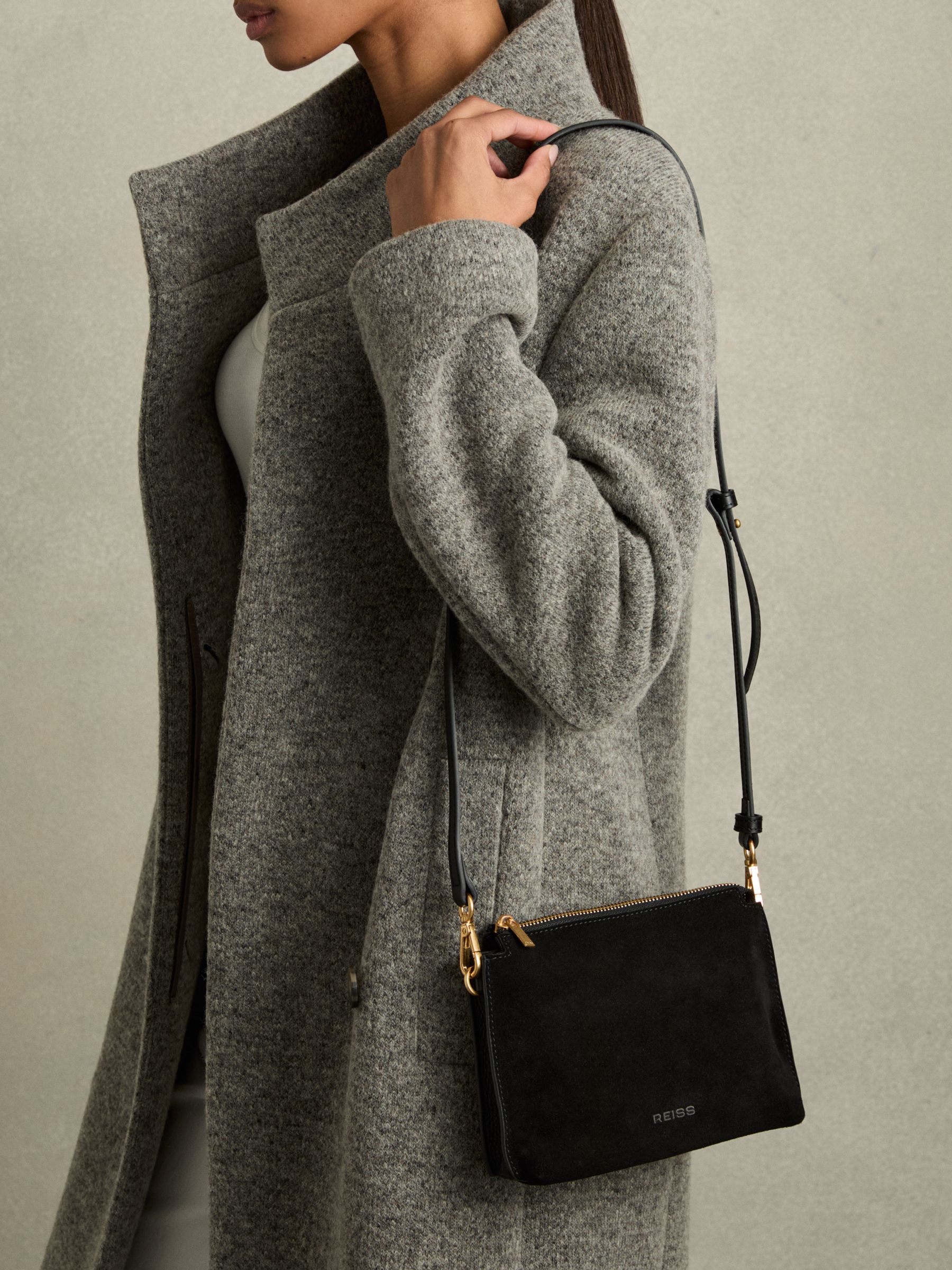Reiss Leather And Suede Crossbody Bag in Black REISS