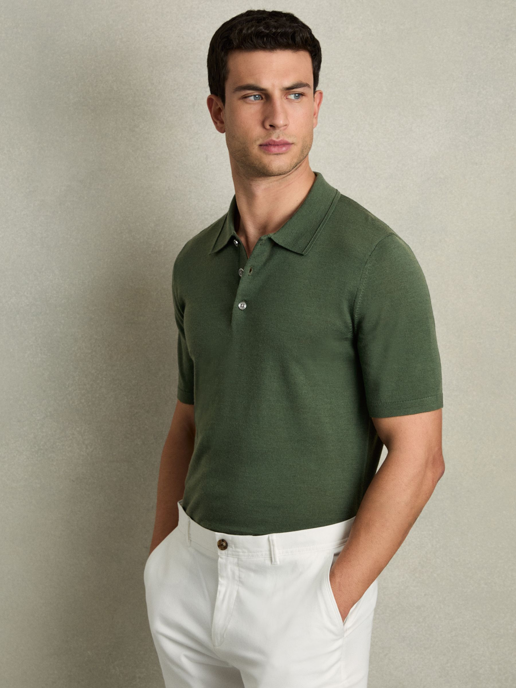 Reiss Merino Wool Short-Sleeve Polo Shirt in Dark Kale Green - REISS
