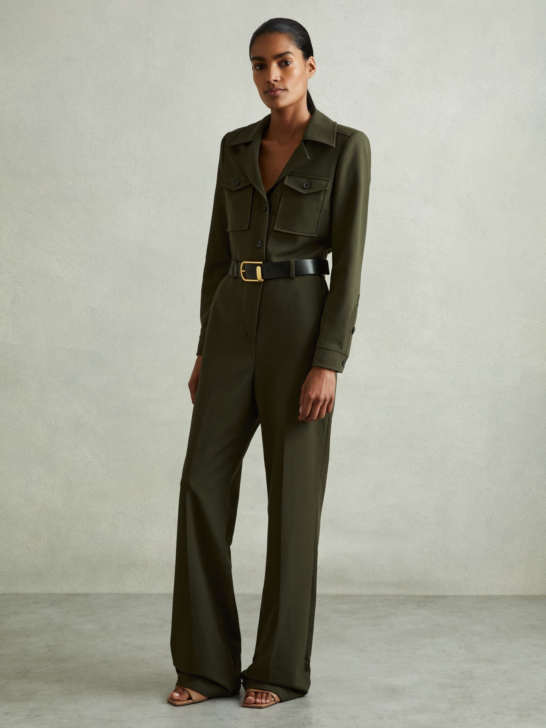 Petite Belted Utility Jumpsuit in Dark Green