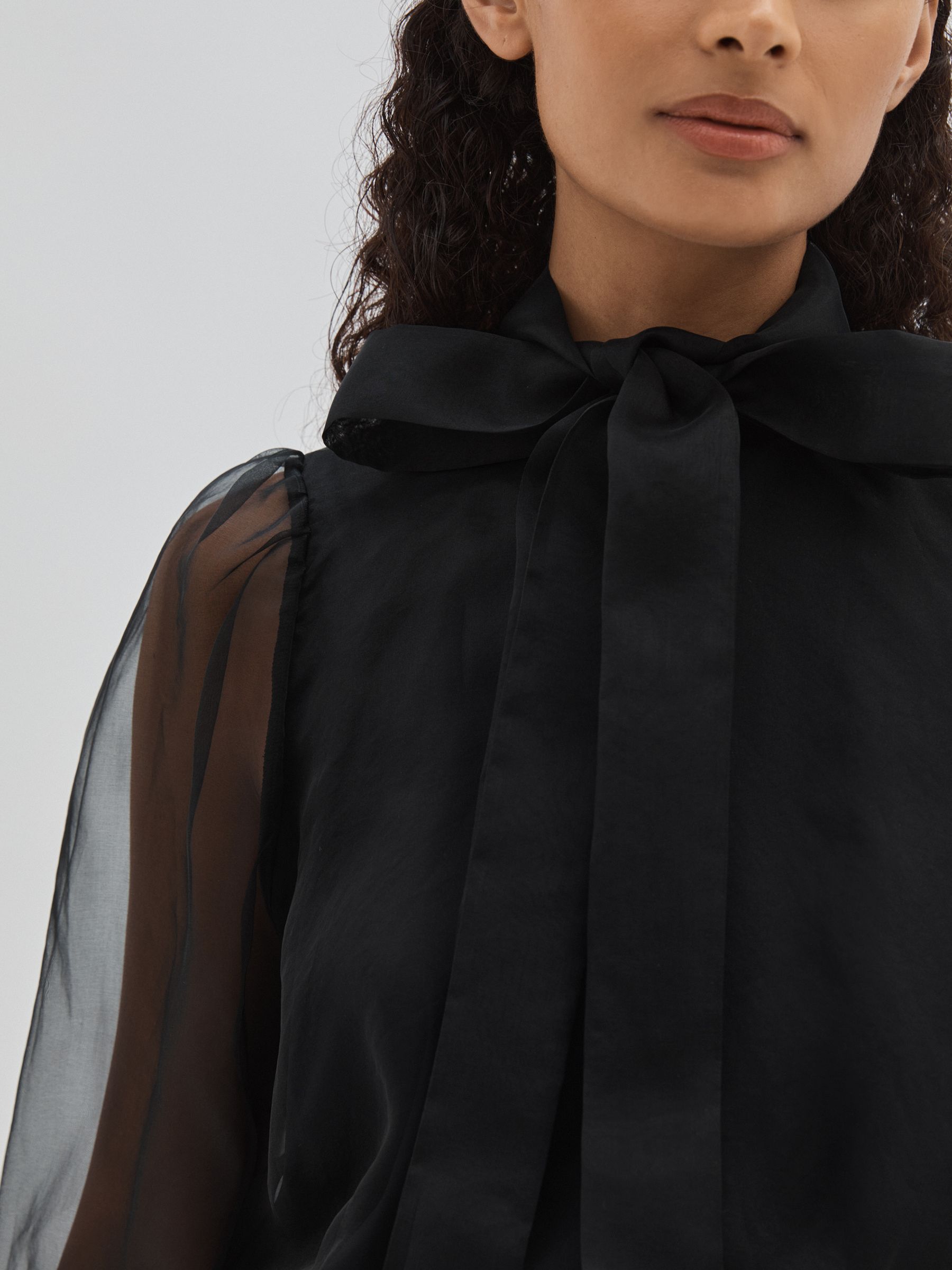 Reiss Silk Organza Pussybow Bodysuit in Black REISS