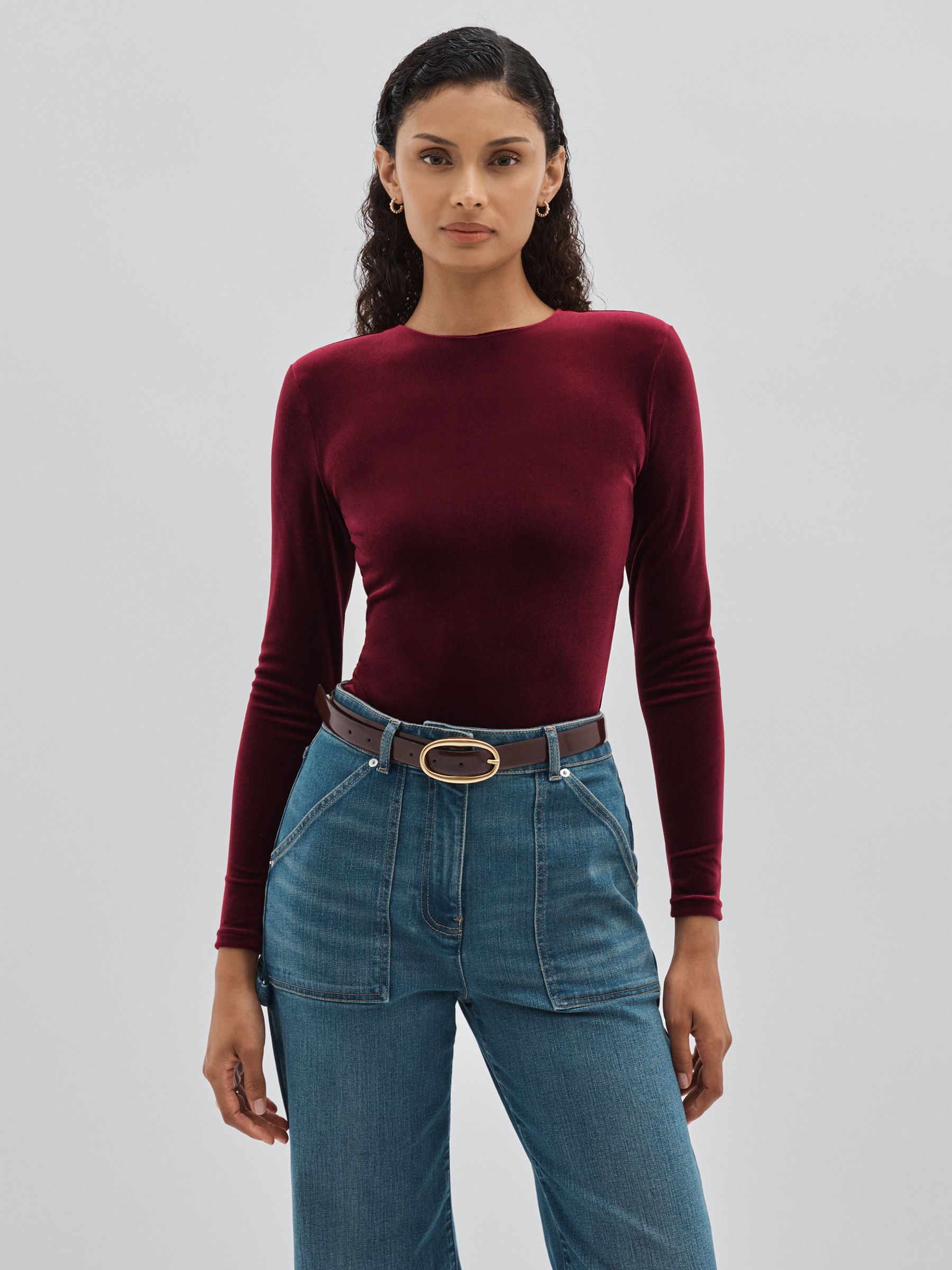 Reiss Padded Shoulder Velvet Bodysuit in Burgundy REISS