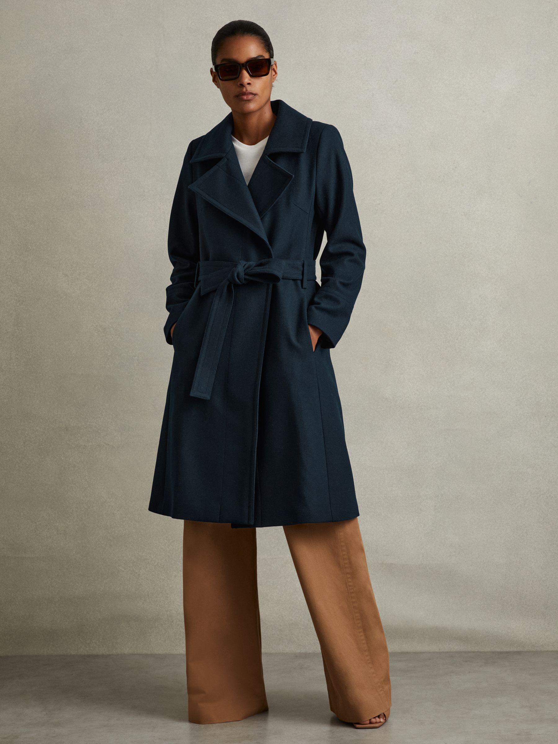 Reiss Wool Blend Belted Double Breasted Coat With Cashmere in Teal REISS