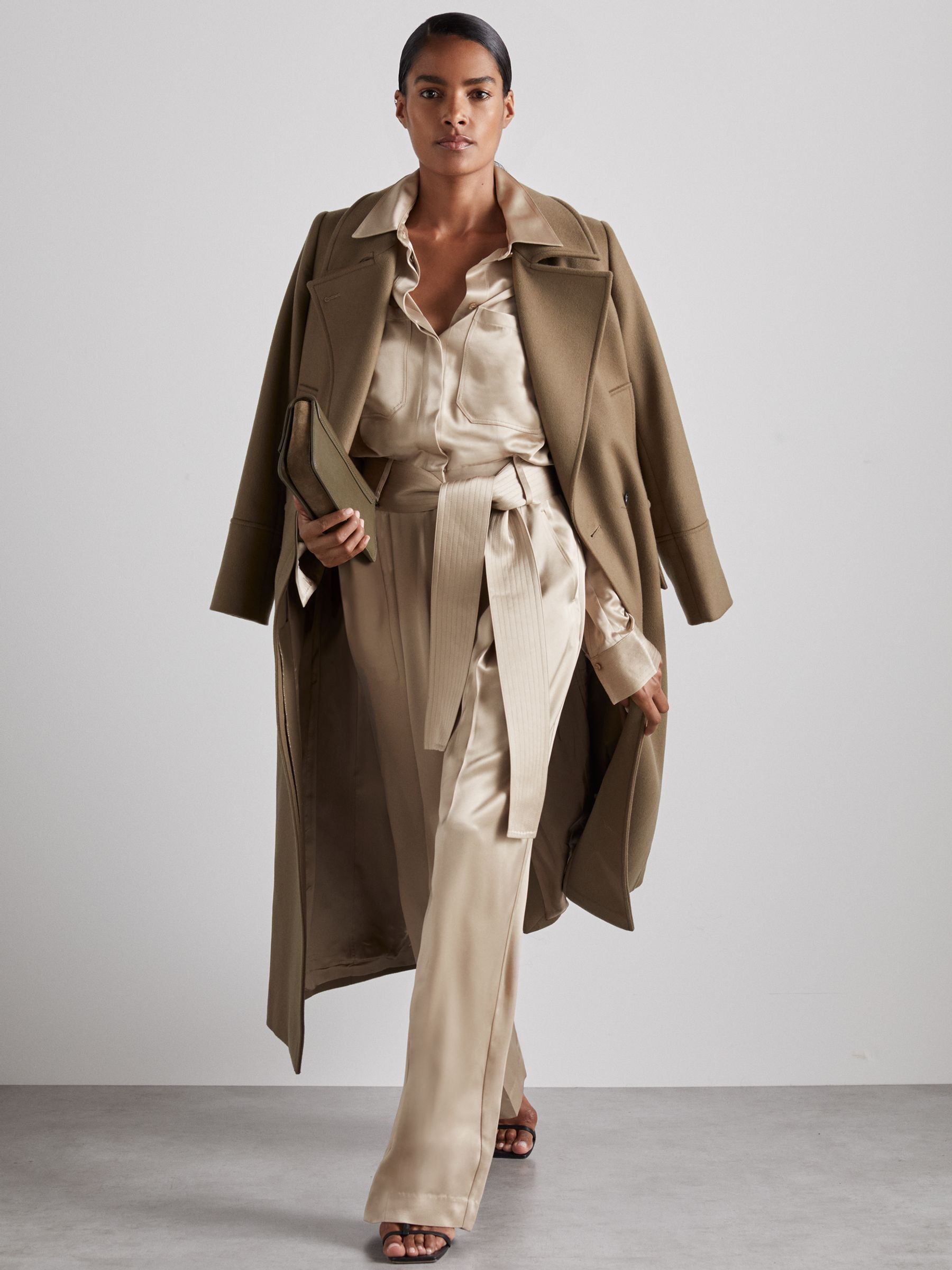 Reiss Atelier Belted Satin Jumpsuit in Champagne REISS