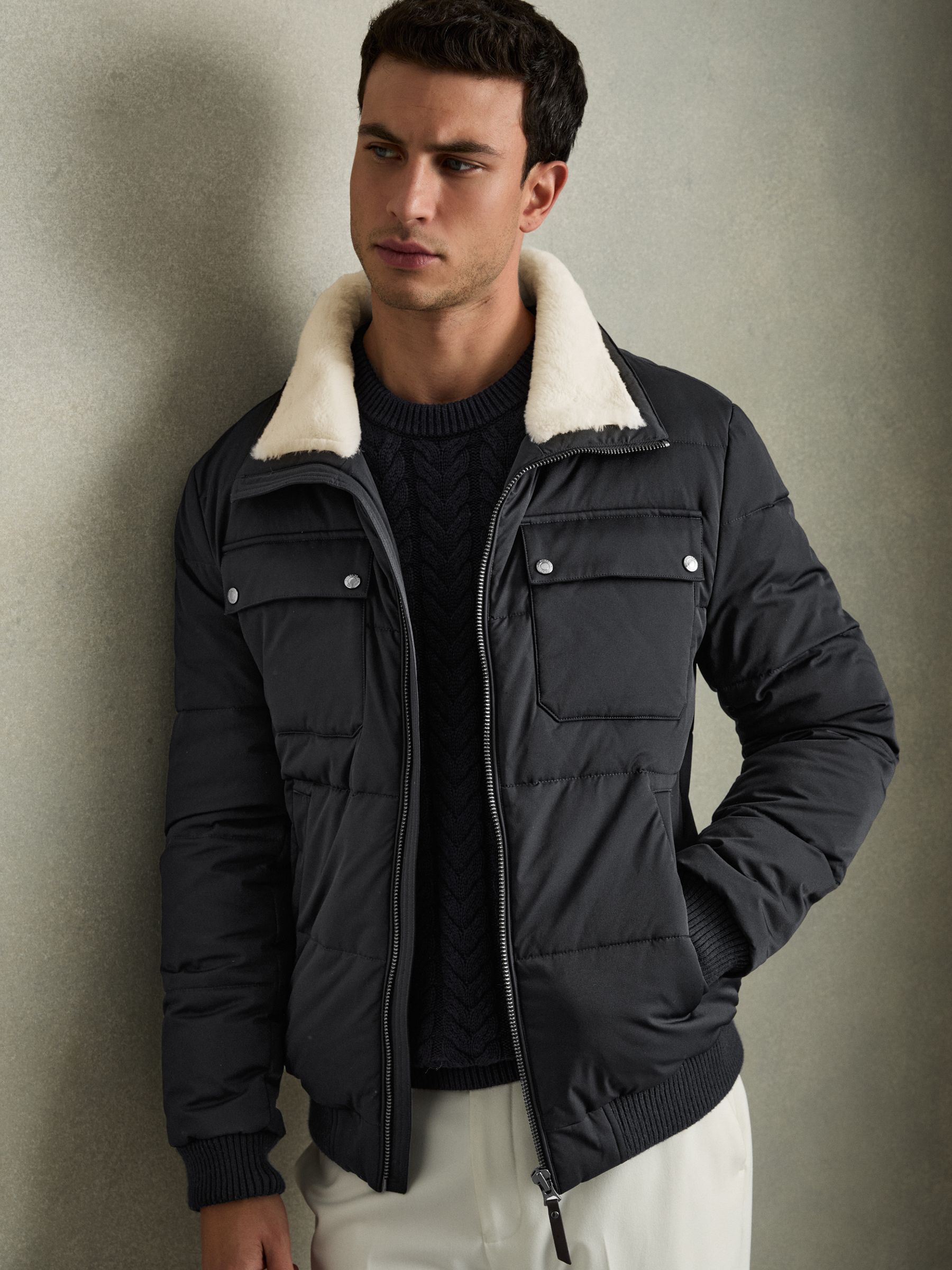 Faux Fur Collar Puffer Jacket in Navy White Borg