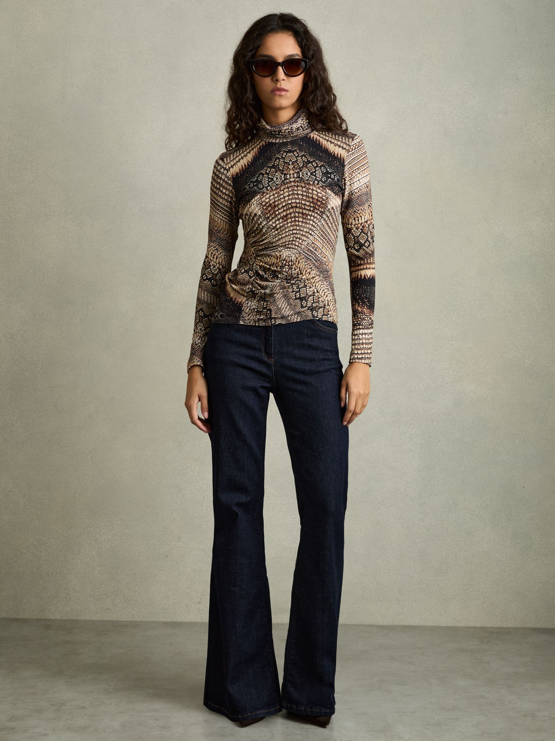Reiss Snake Print Roll Neck Top in Brown REISS