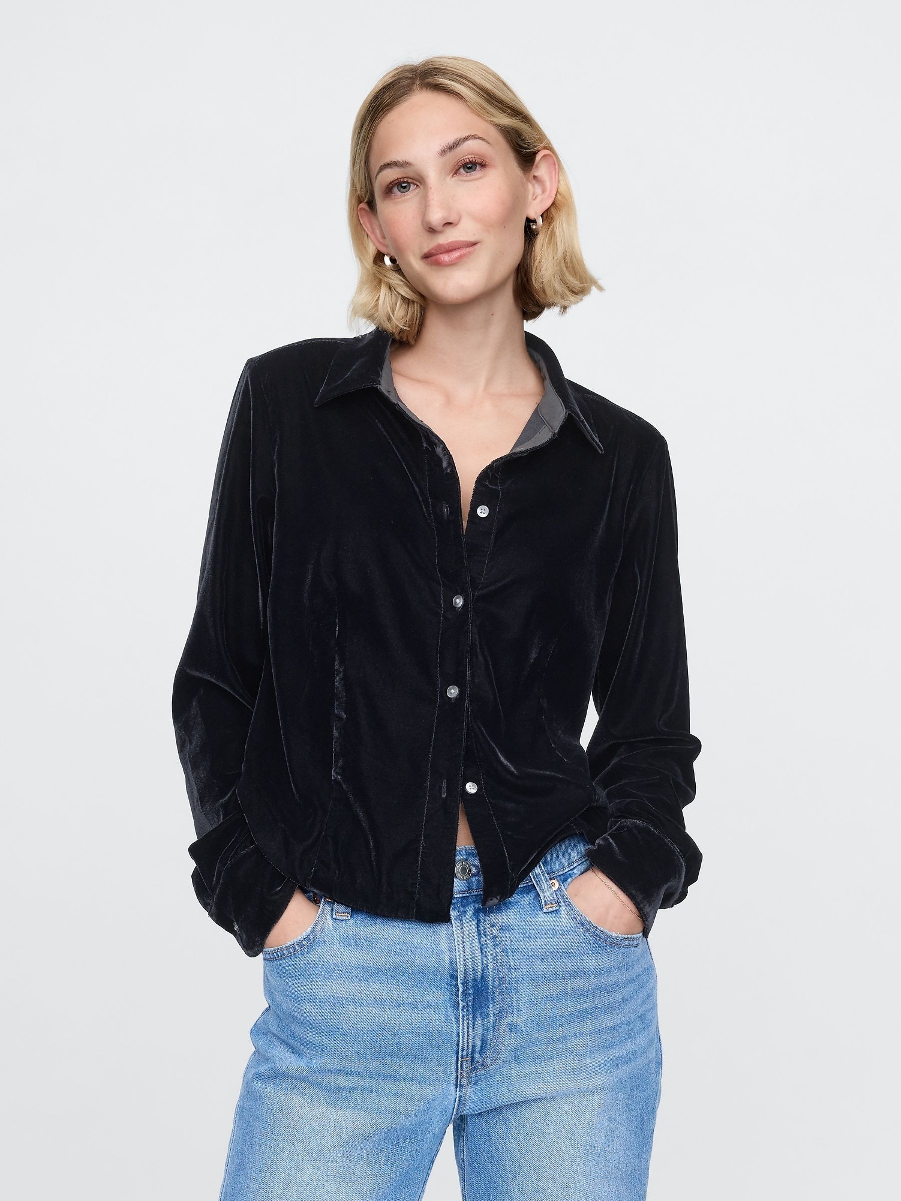 Black Long Sleeved Cropped Velvet Shirt
