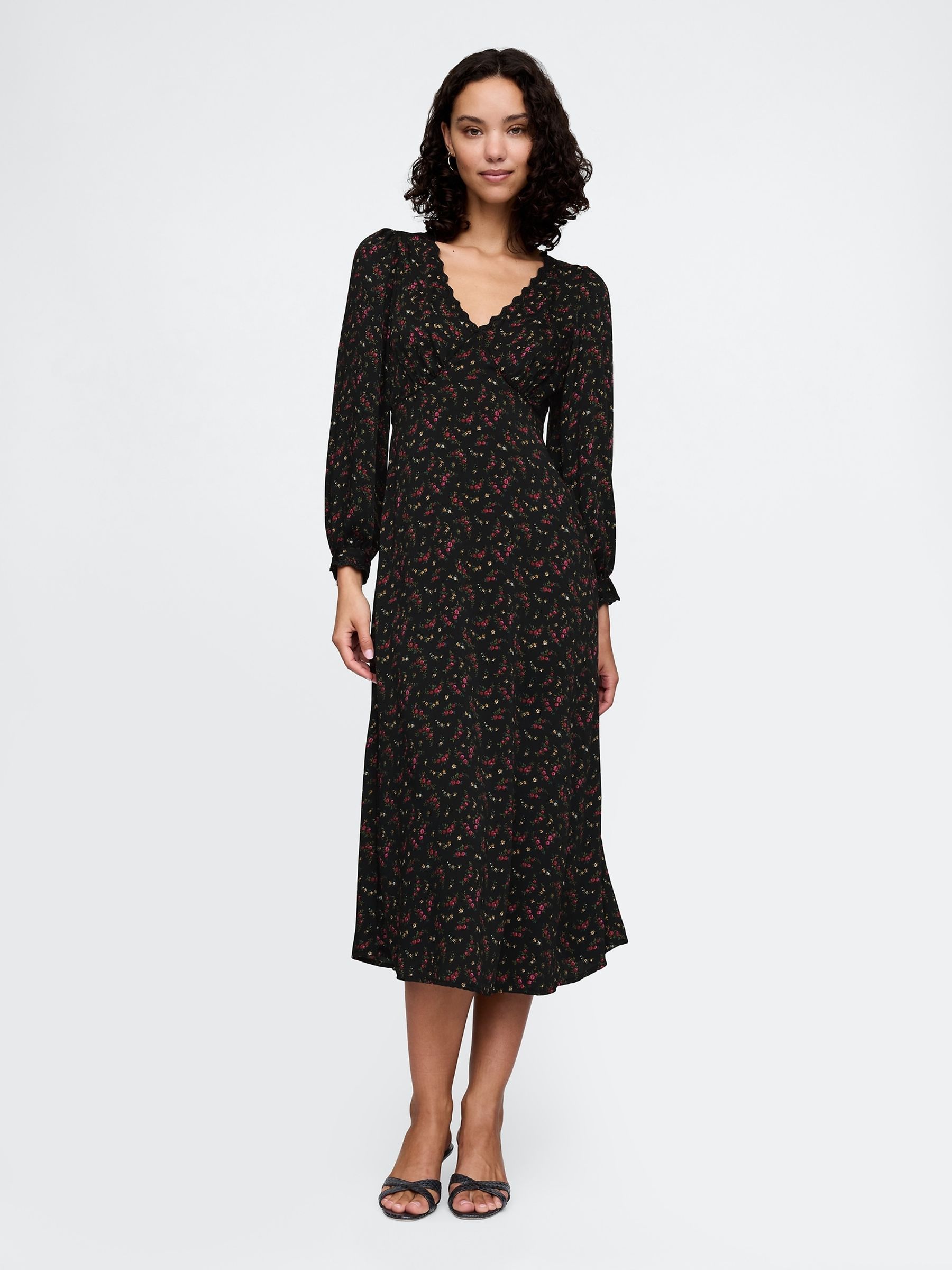 Black Floral Satin Empire Midi Dress