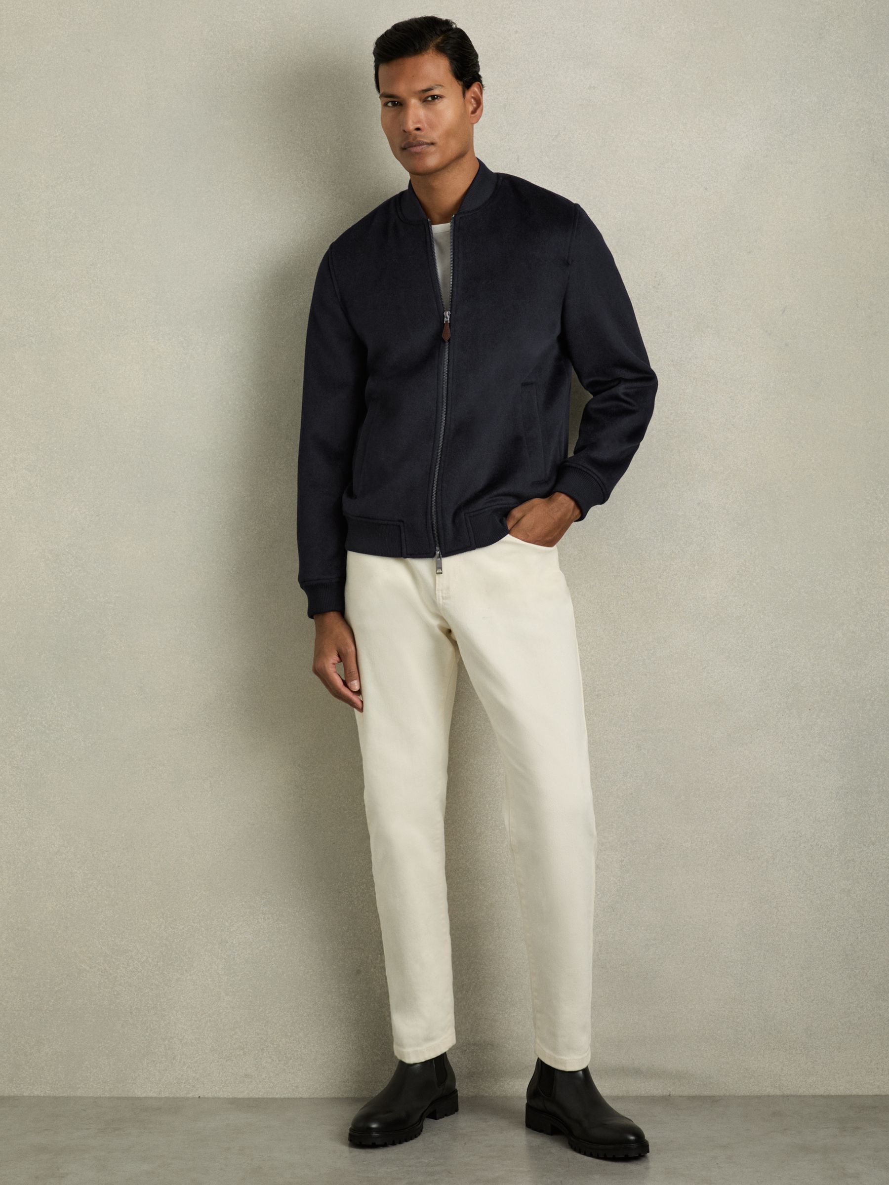 Brushed Wool Blend Bomber Jacket in Navy