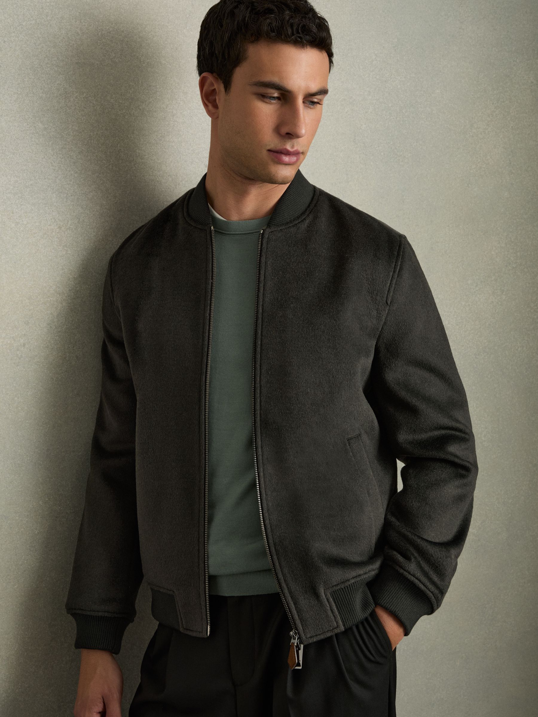 Brushed Wool Blend Bomber Jacket in Dark Green