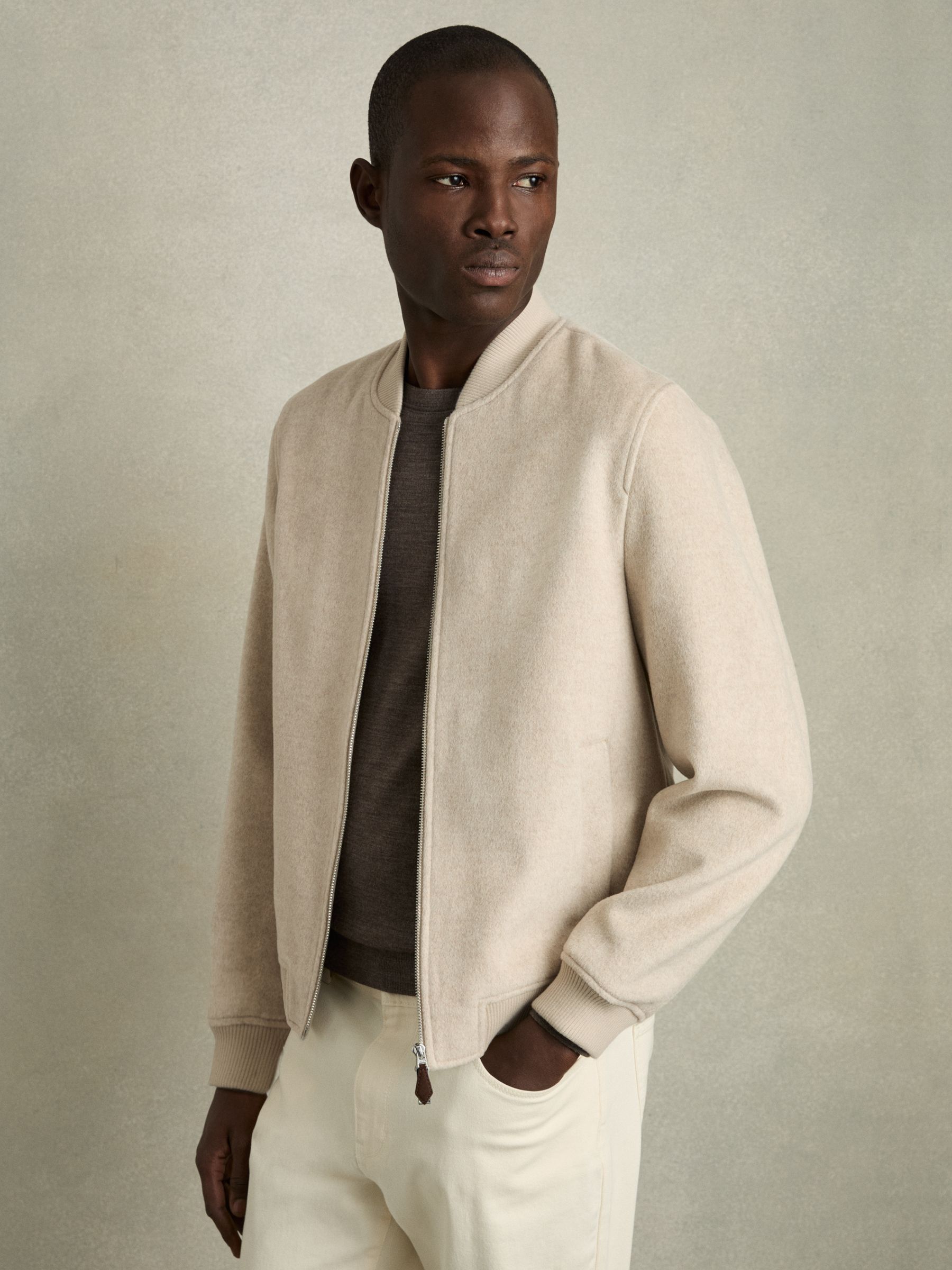 Reiss Brushed Wool Blend Bomber Jacket in Stone REISS