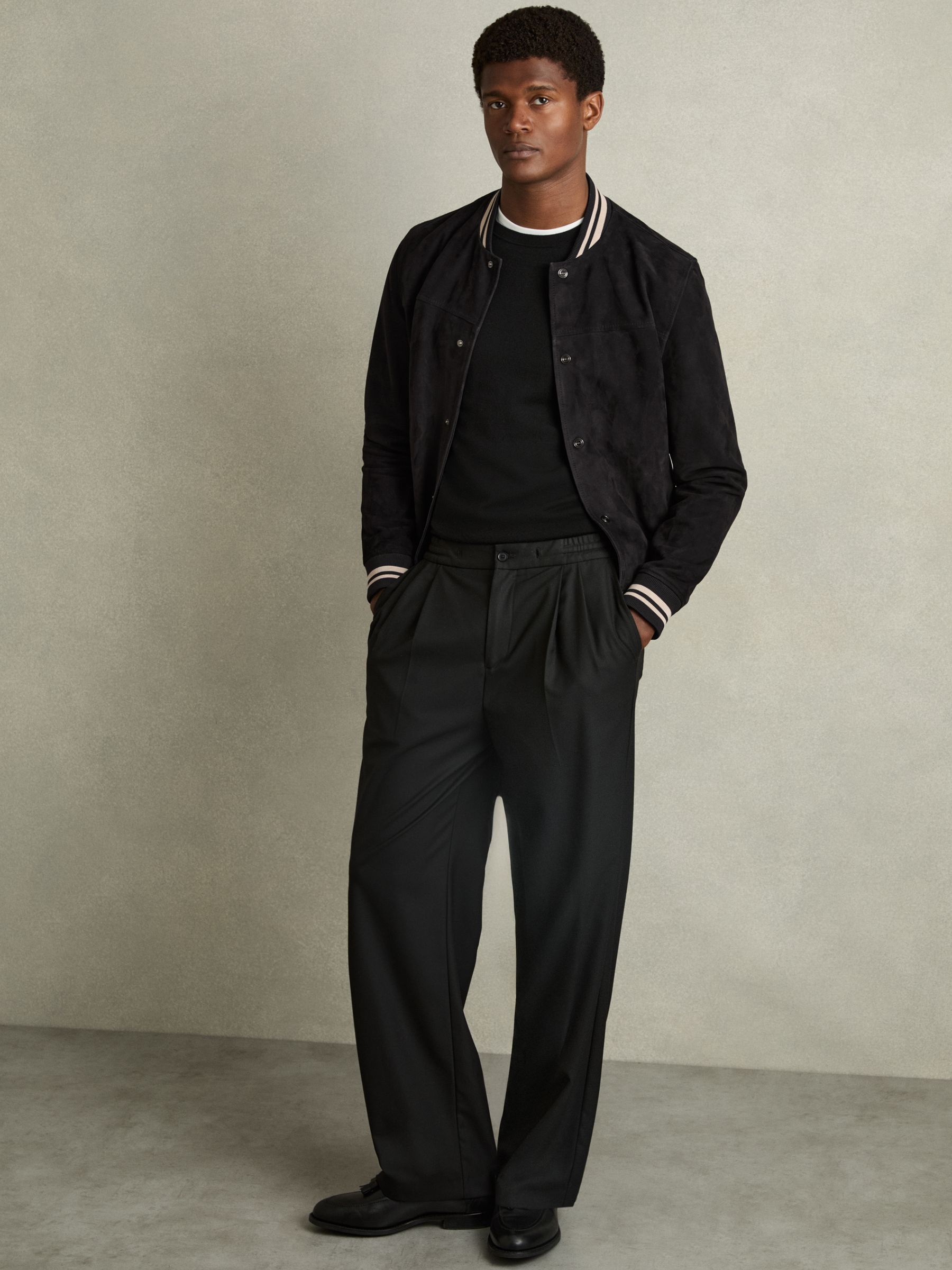 Suede Stripe Trim Bomber Jacket in Navy
