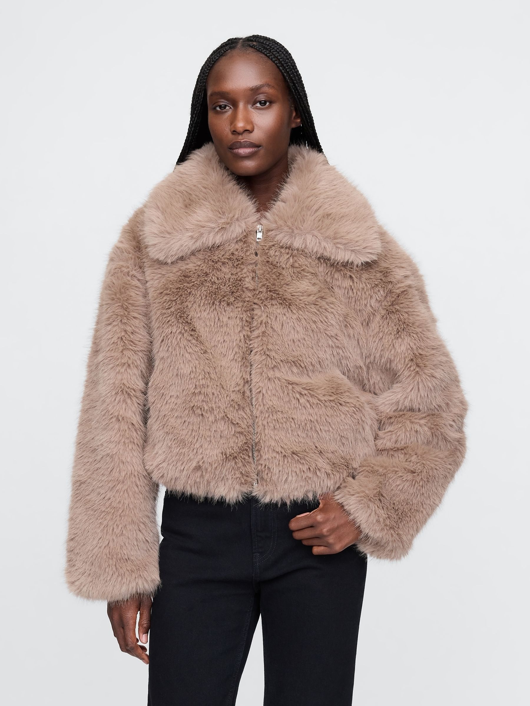 Beige Cropped Faux Fur Jacket