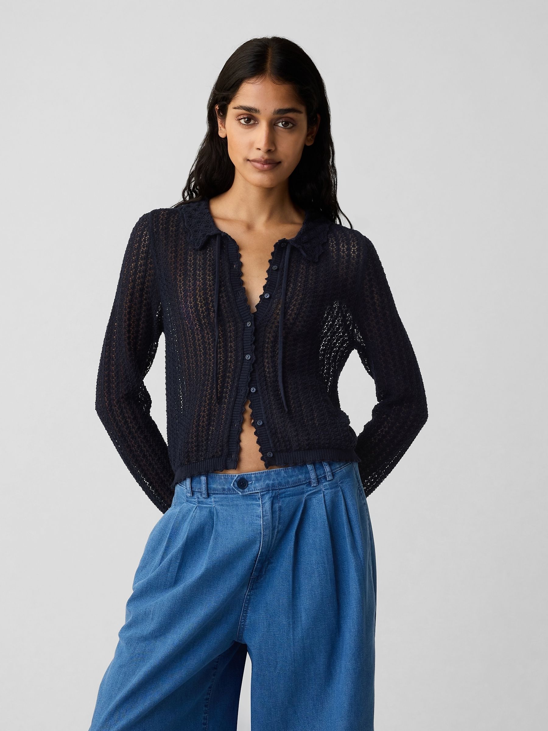 Navy blue linen cardigan sales