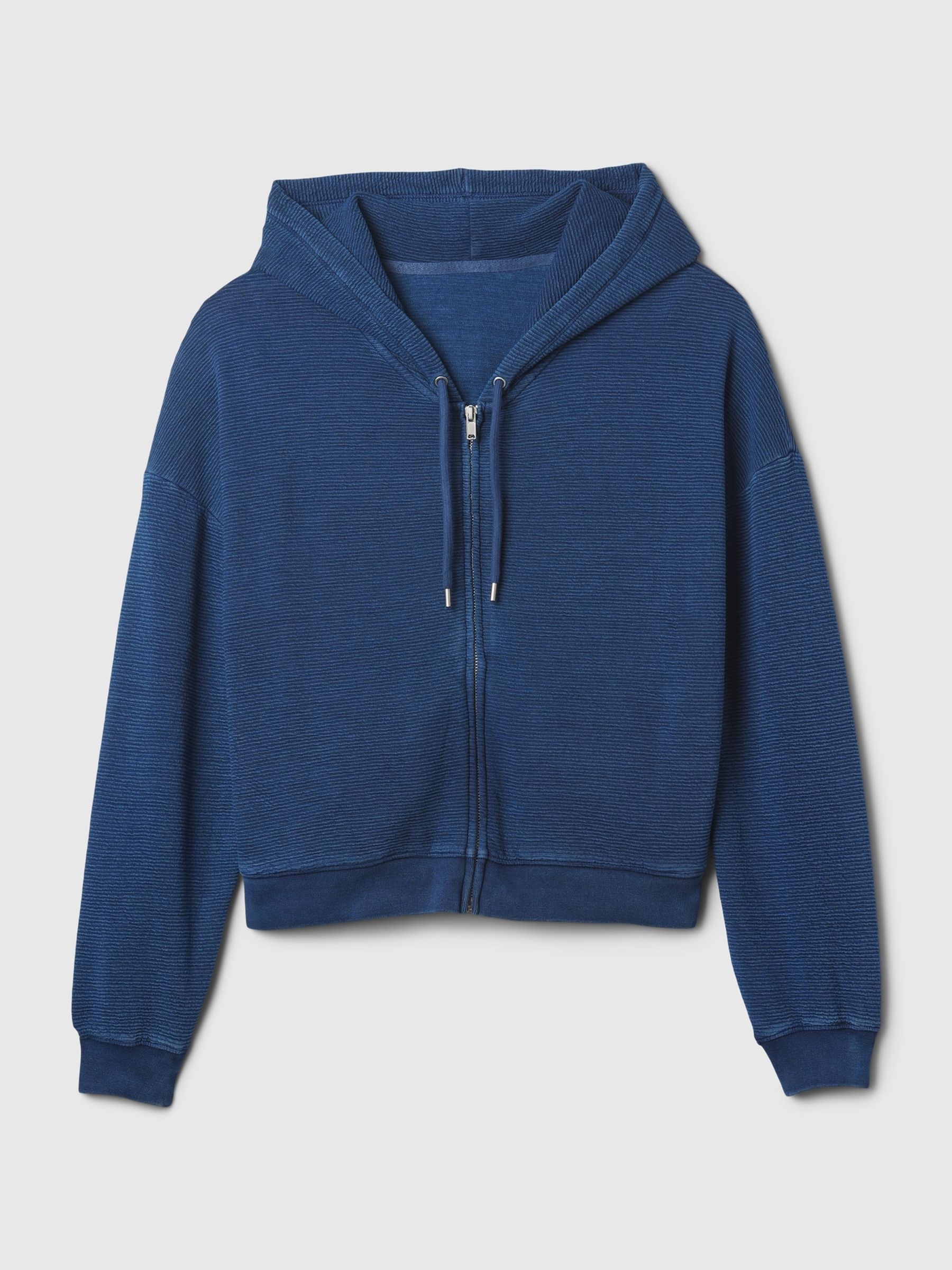 Blue Cotton Textured Zip Up Cropped Hoodie