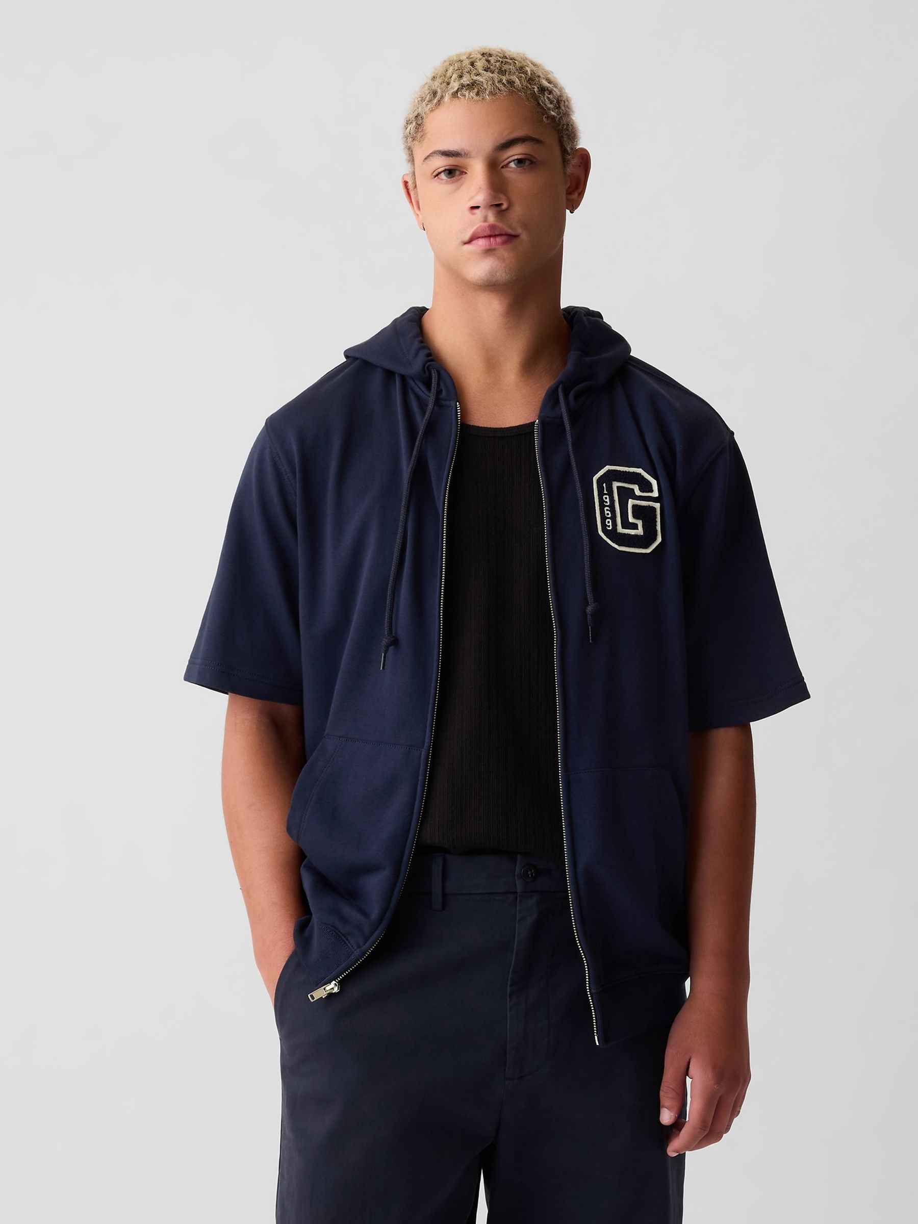 Short sleeve zip front hoodie discount