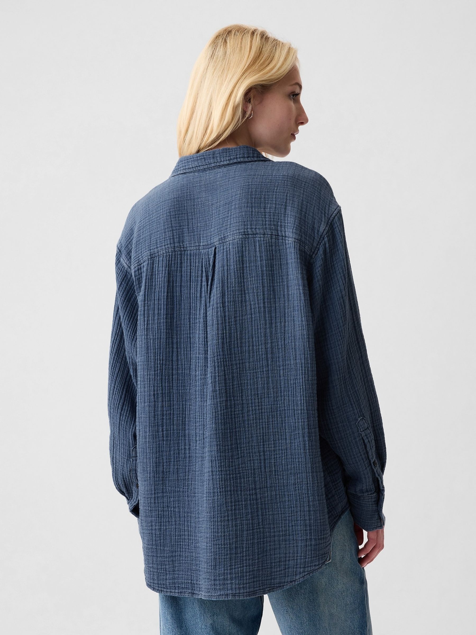 Blue Crinkle Cotton Long Sleeve Oversized Shirt