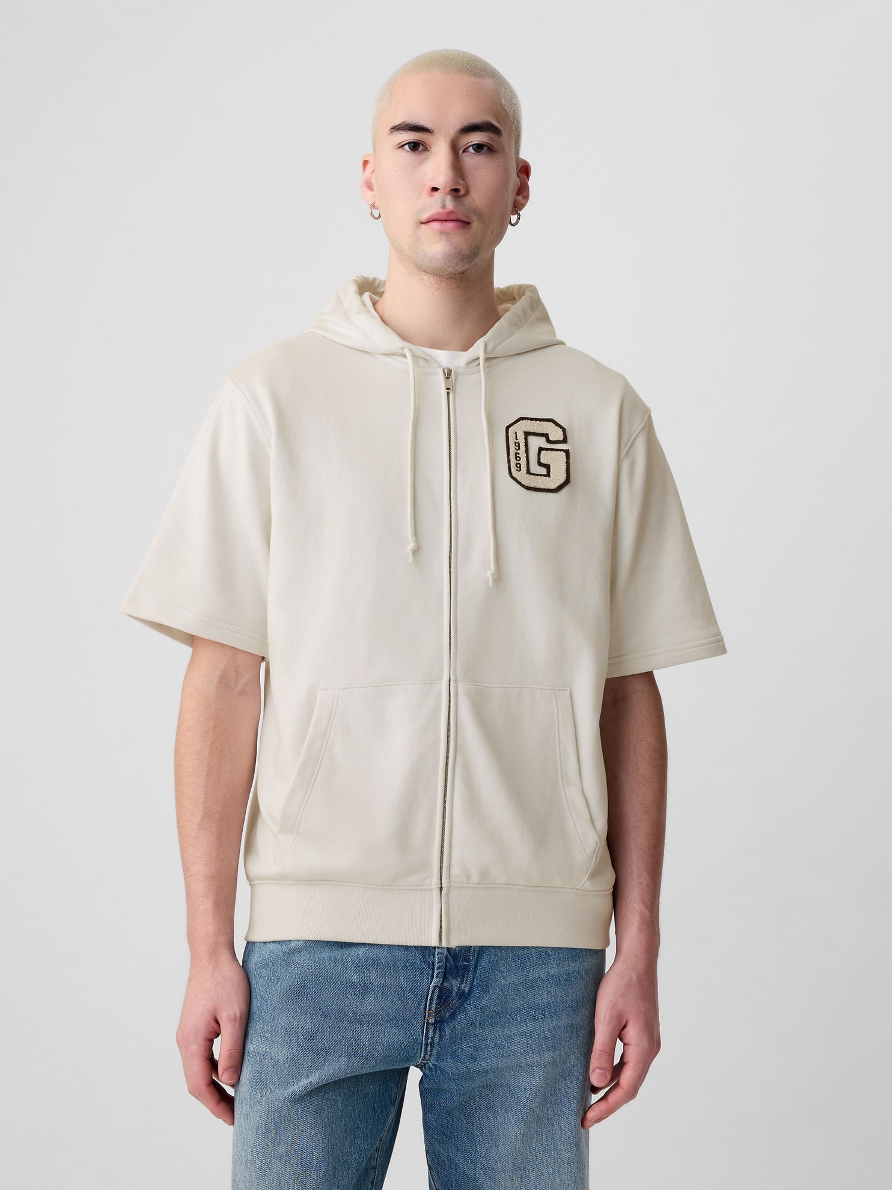 Buy Cream Logo Zip Up Short Sleeve Hoodie from the Gap online shop
