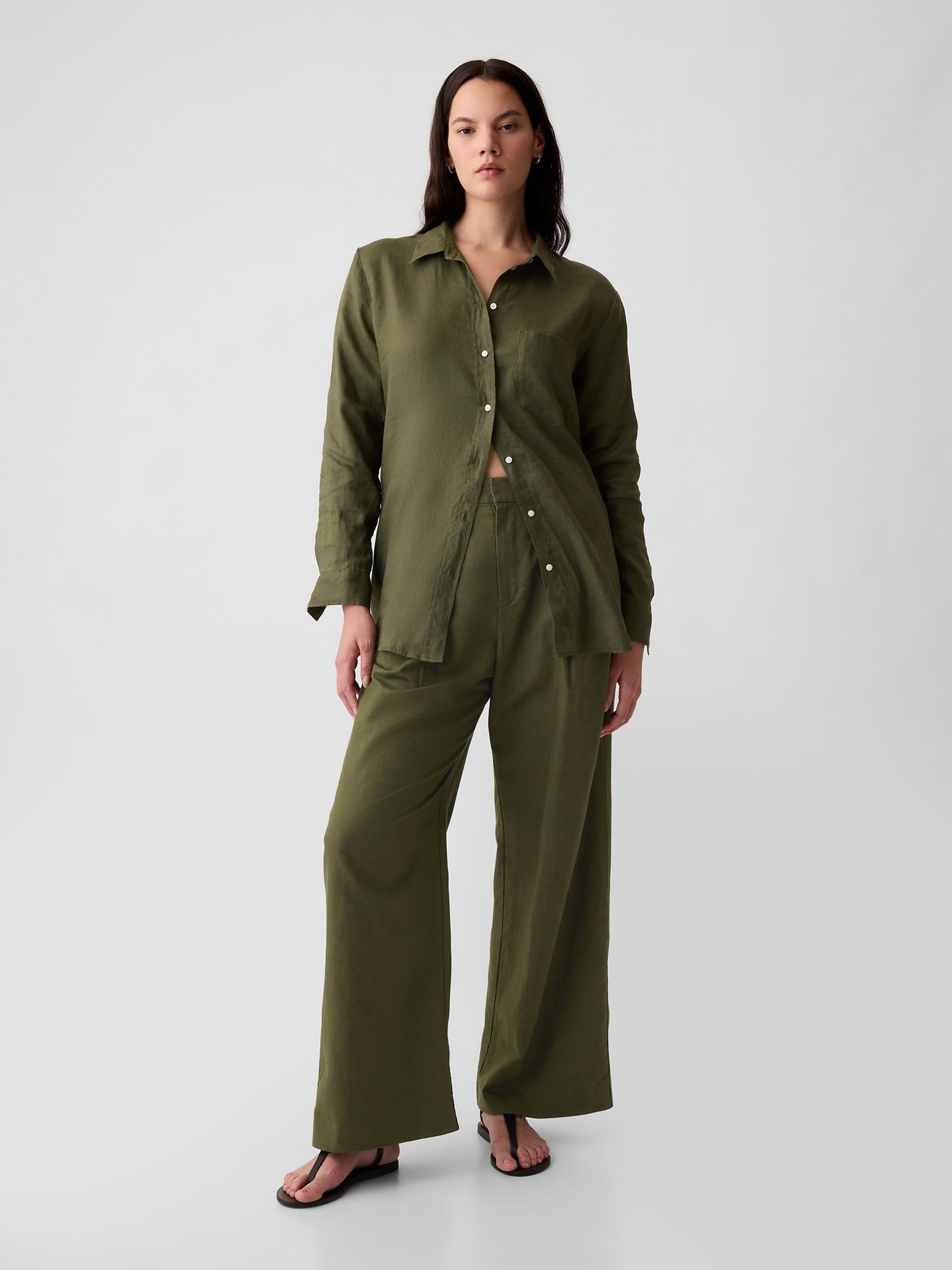 Buy Khaki Green High Waisted Linen Cotton Trousers from the Gap online shop