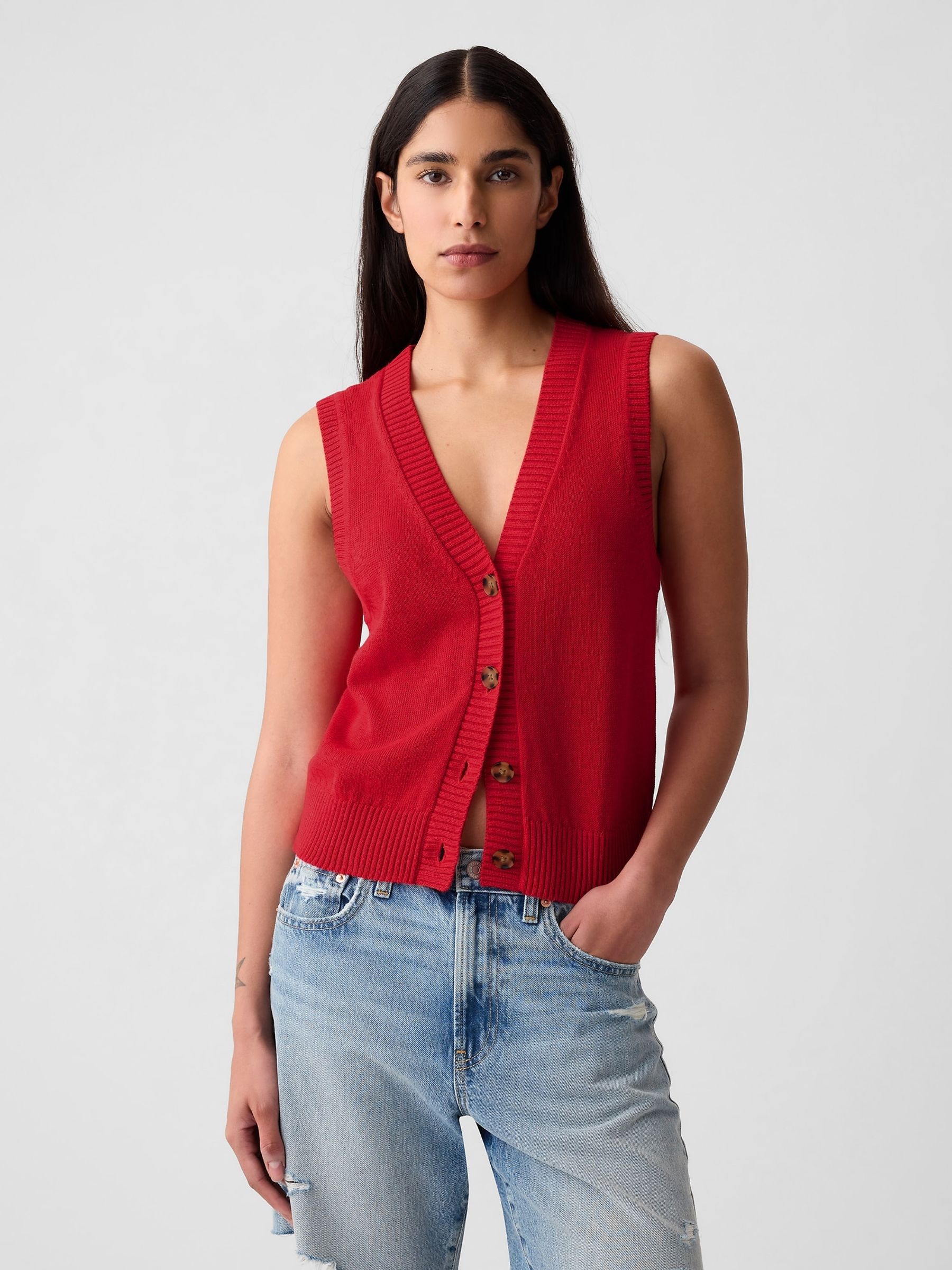 Red Linen Blend Soft Knitted Waistcoat