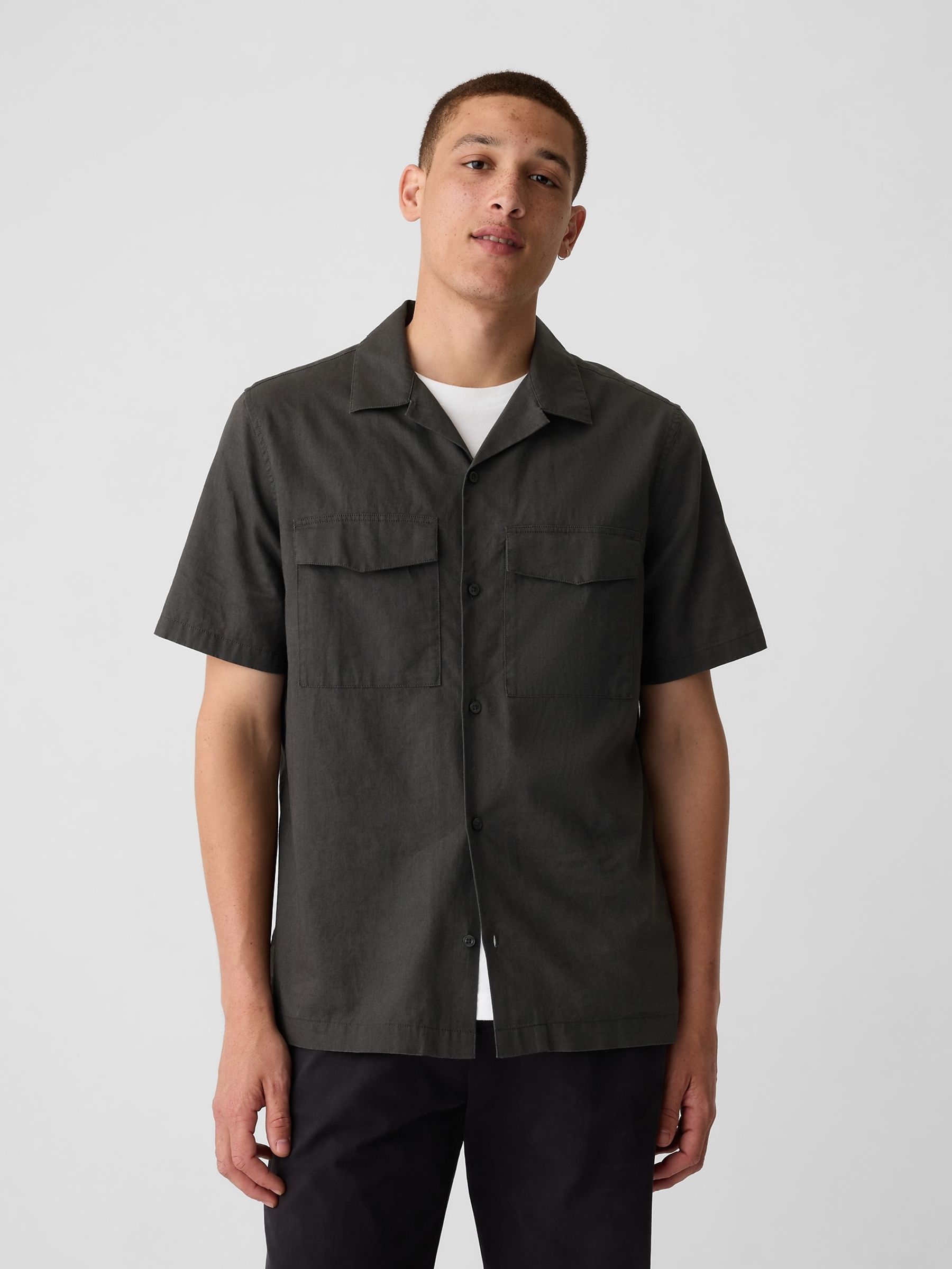 Buy Black Linen Cotton Short Sleeve Utility Shirt from the Gap online shop