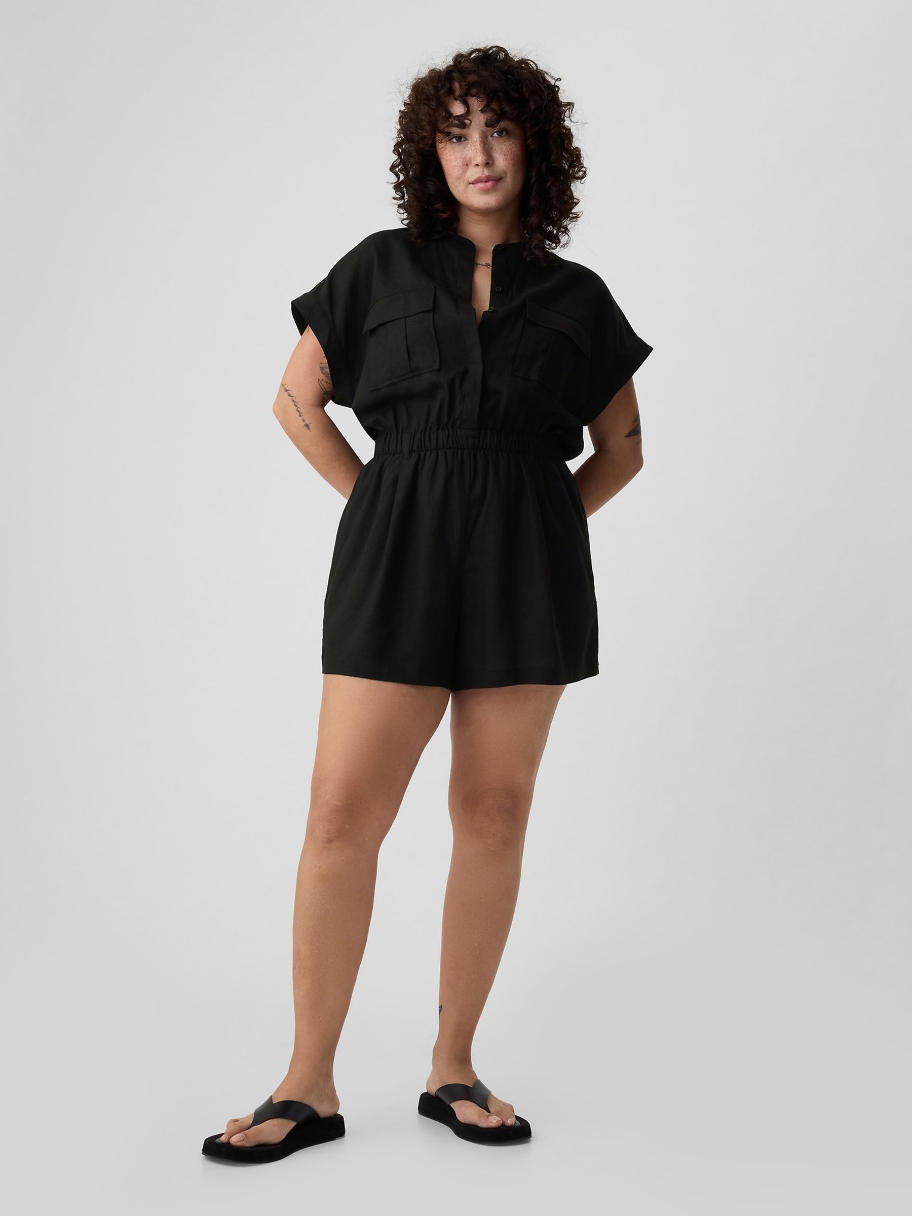 Black Linen Blend Utility Playsuit