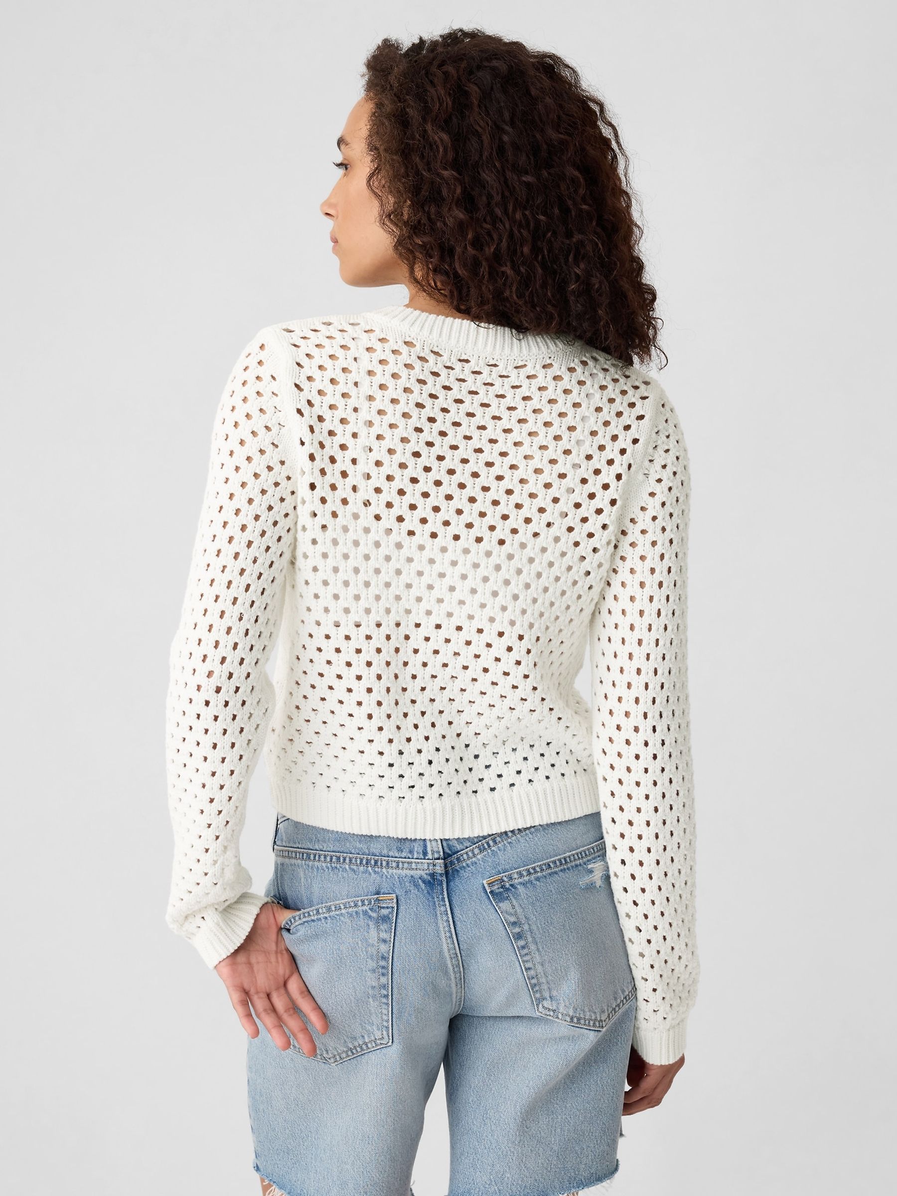White Knitted Open Stitch Cardigan
