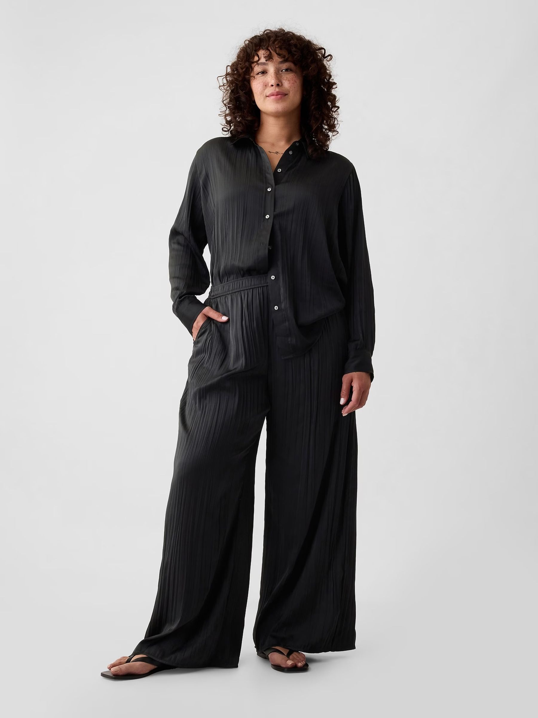 Black Crinkle Texture Satin Trousers