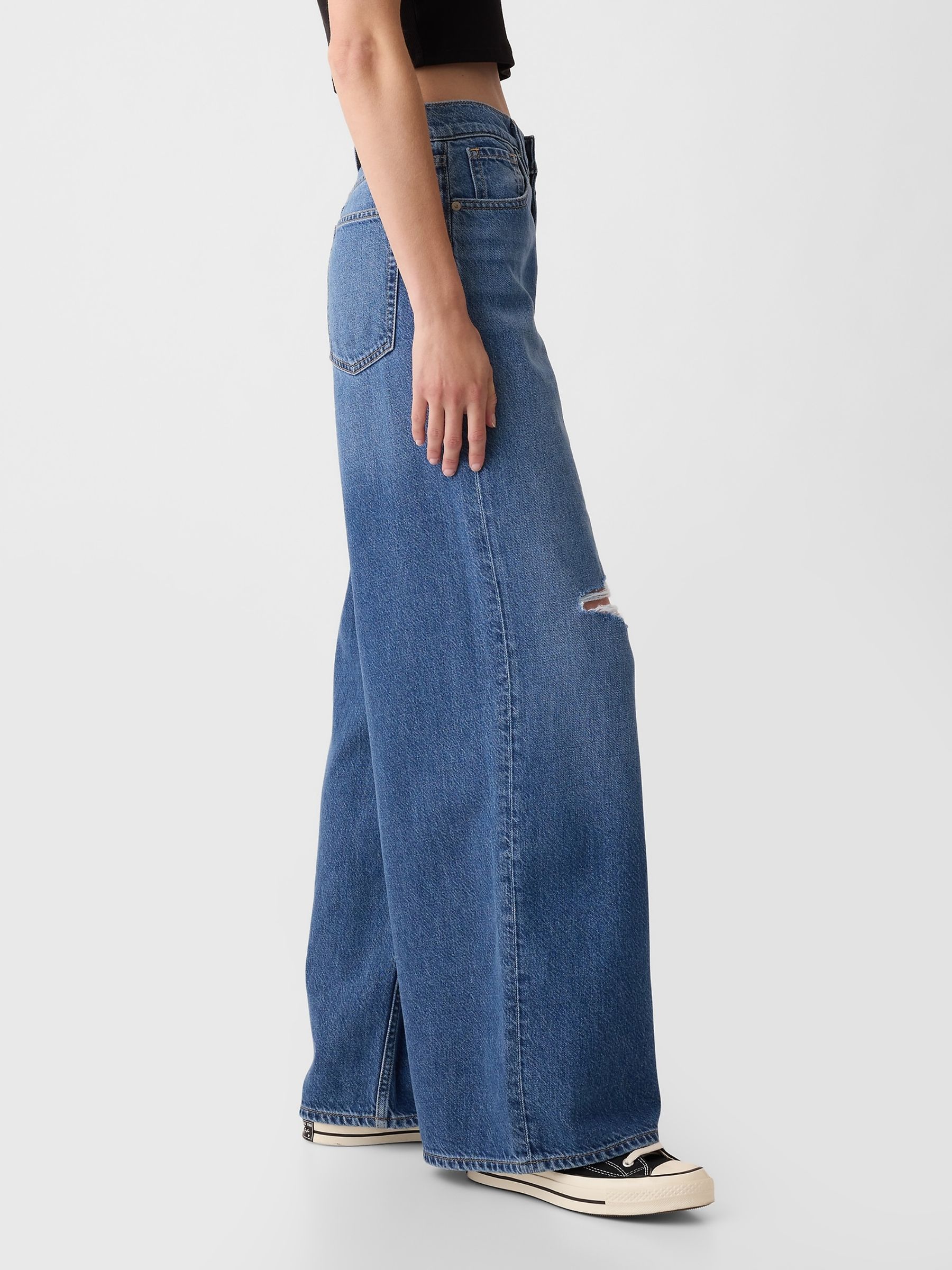 Blue Ripped Mid Rise Soft Baggy Jeans