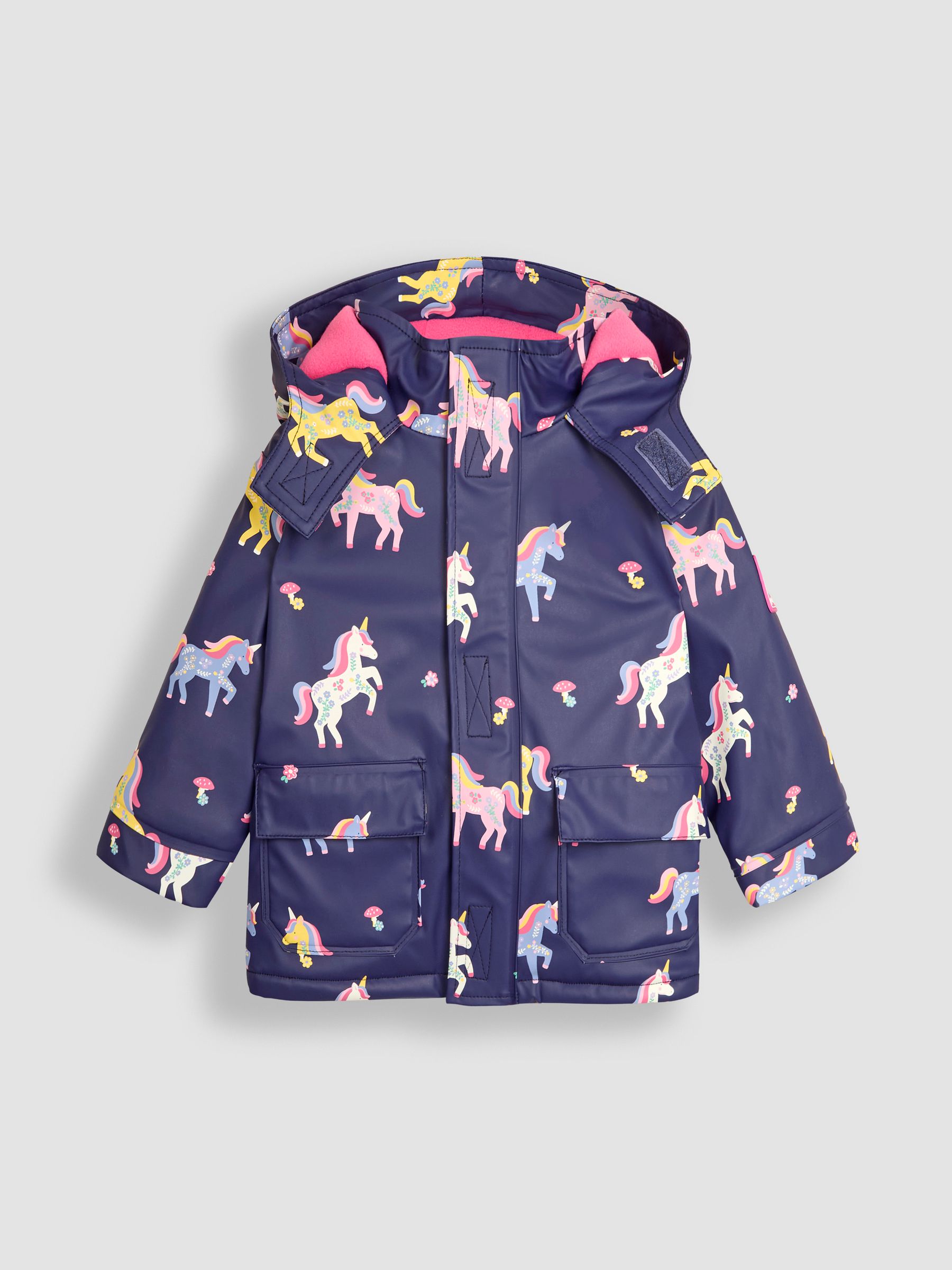 Navy Unicorn Hooded Cosy Lined Waterproof Jacket JoJo Maman Bebe