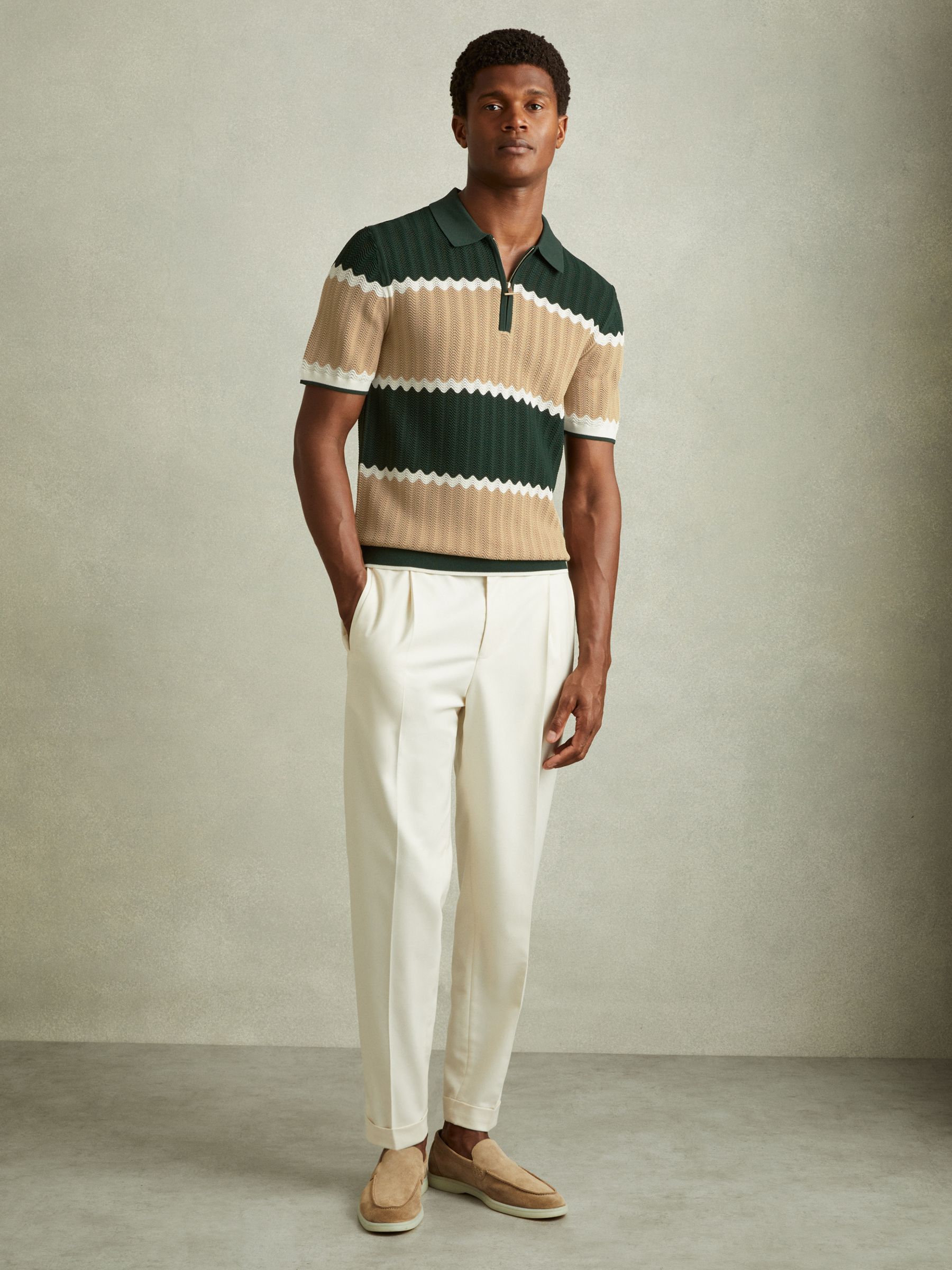 Alton Forest Green/Light Camel Knitted Zig-Zag Half-Zip Polo Shirt