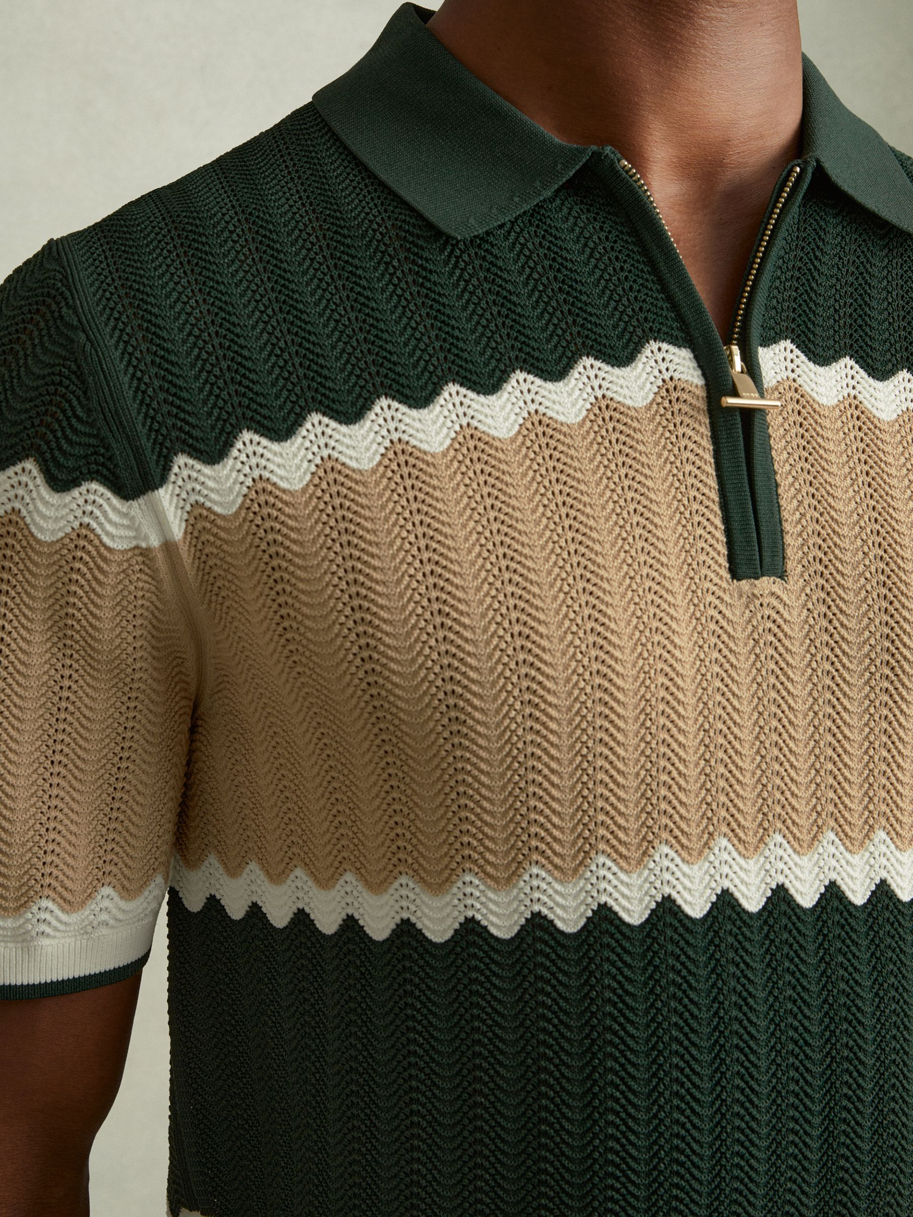 Alton Forest Green/Light Camel Knitted Zig-Zag Half-Zip Polo Shirt