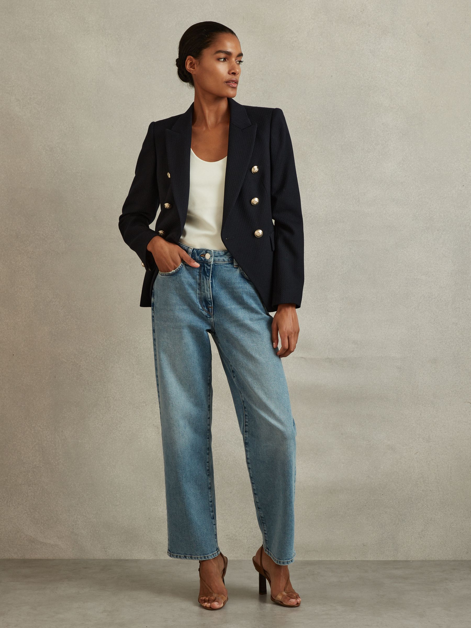 Reiss Tailored Fit Textured Double Breasted Blazer in Navy REISS