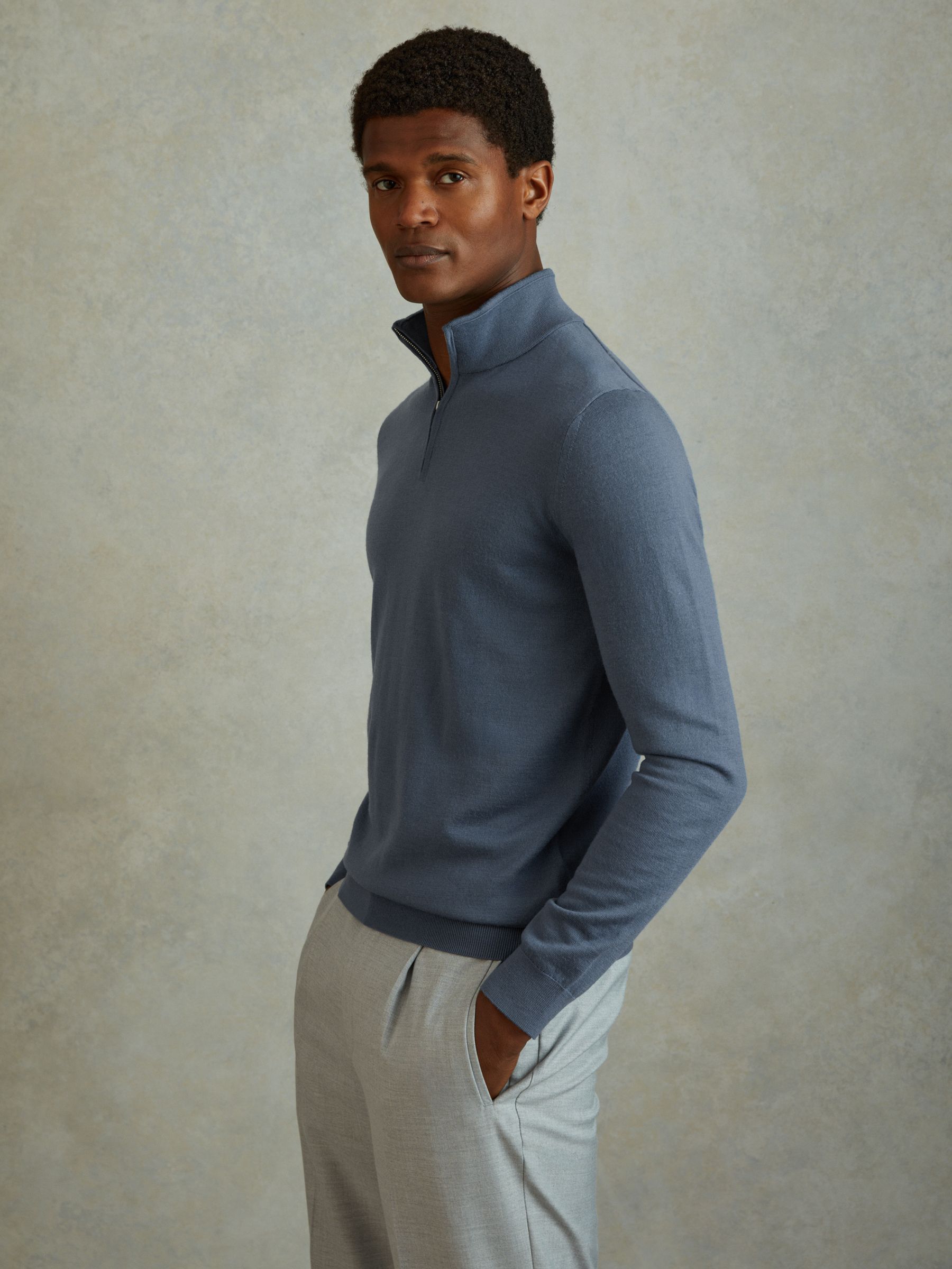 Reiss Merino Wool Half Zip Funnel Neck Jumper in Airforce Blue REISS