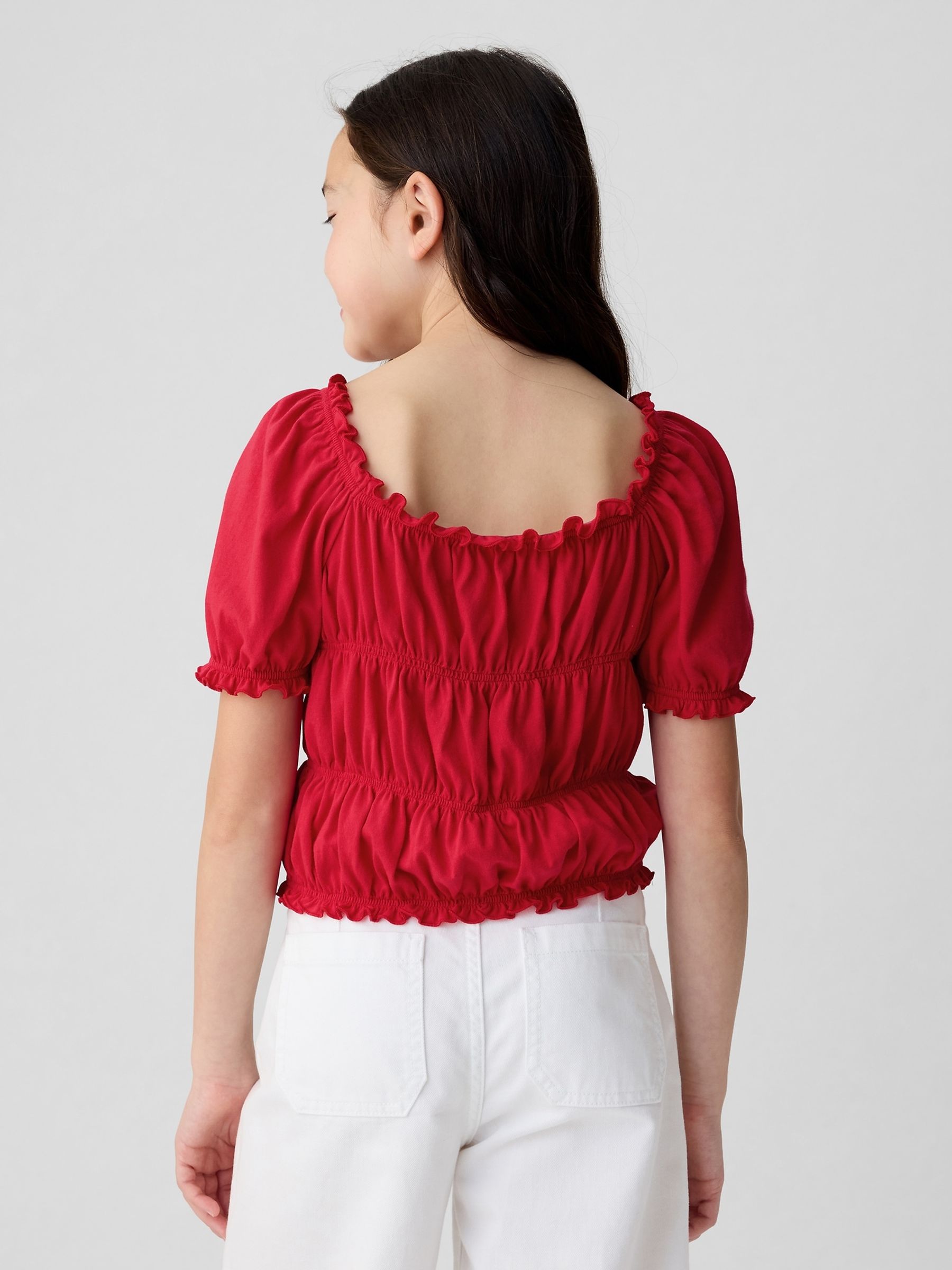 Red Square Neck Puff Sleeve Smocked Top 4 13yrs