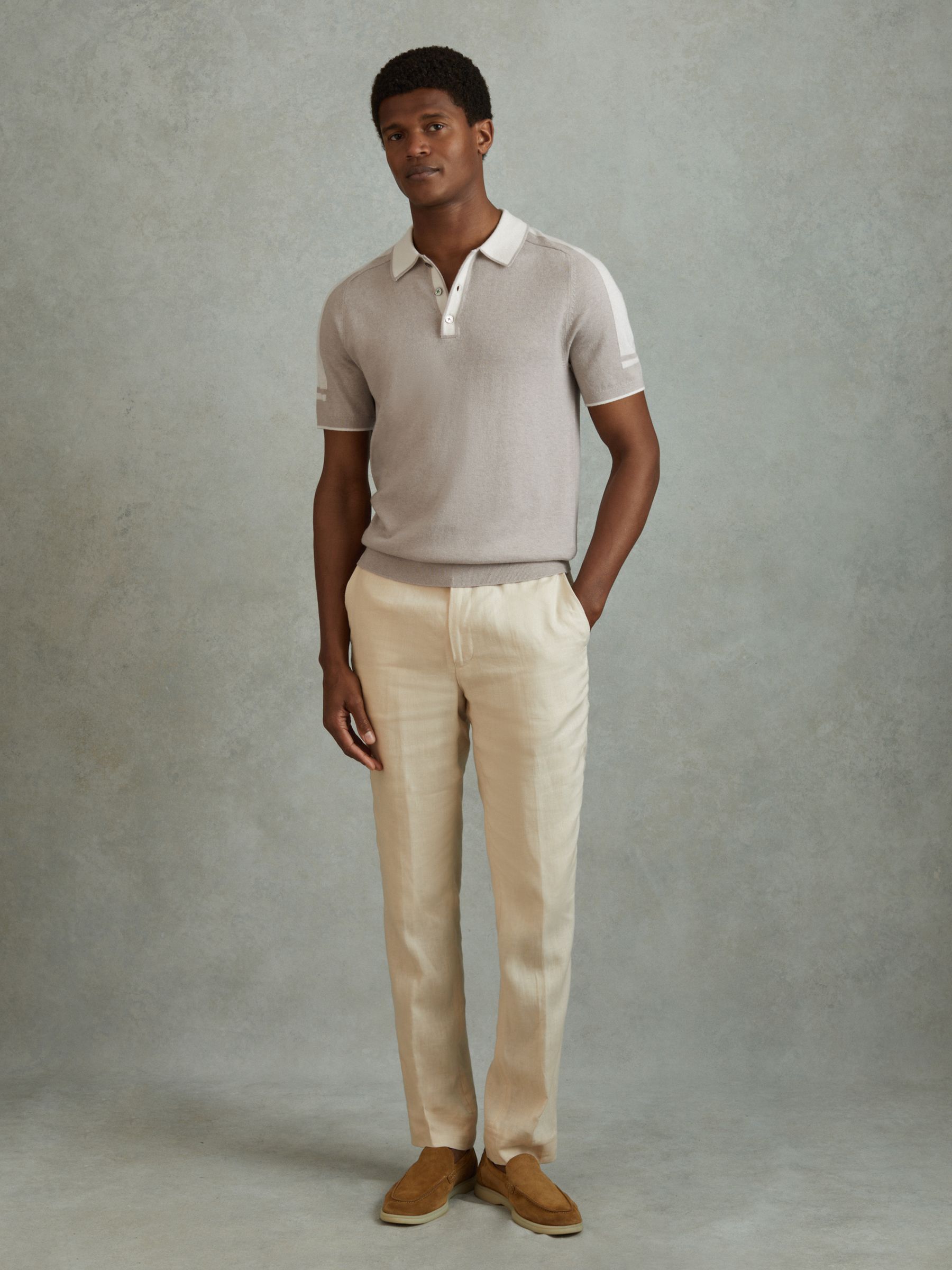 Reiss Wool Cotton Contrast Polo Shirt in Oatmeal Off White REISS