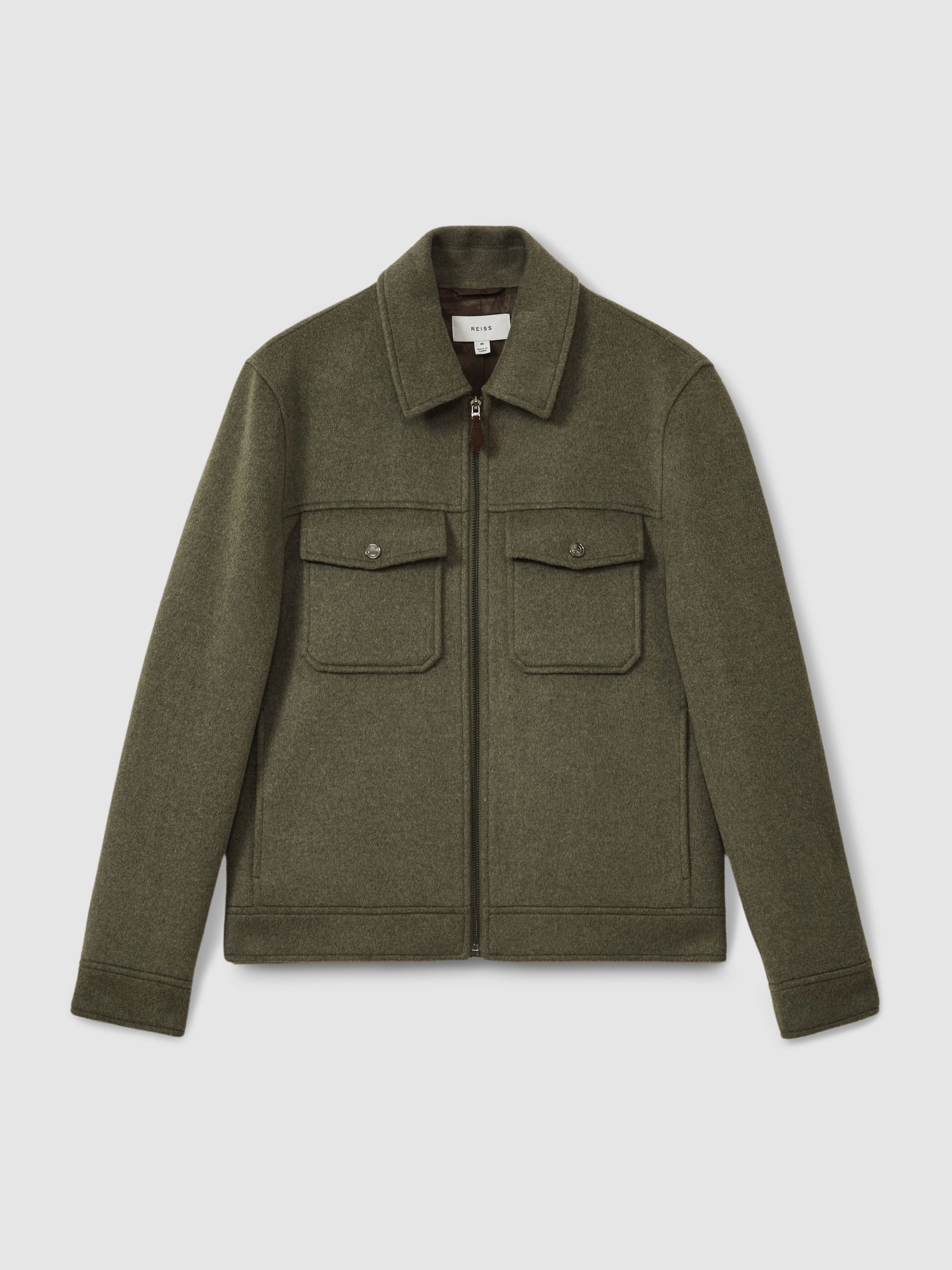 Reiss Zip Through Trucker Jacket with Wool in Green Smoke REISS