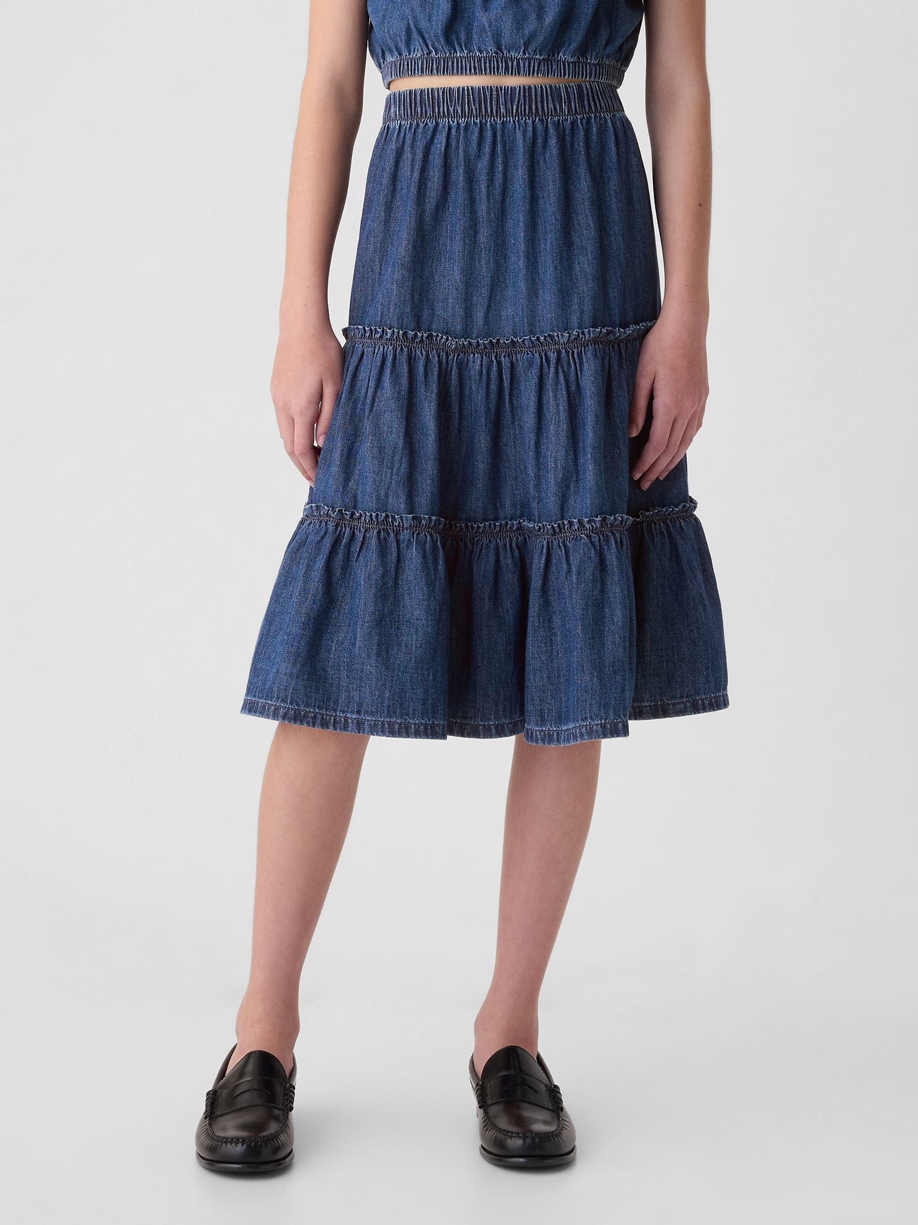 Blue Cotton Tiered Denim Midi Skirt 4 13yrs