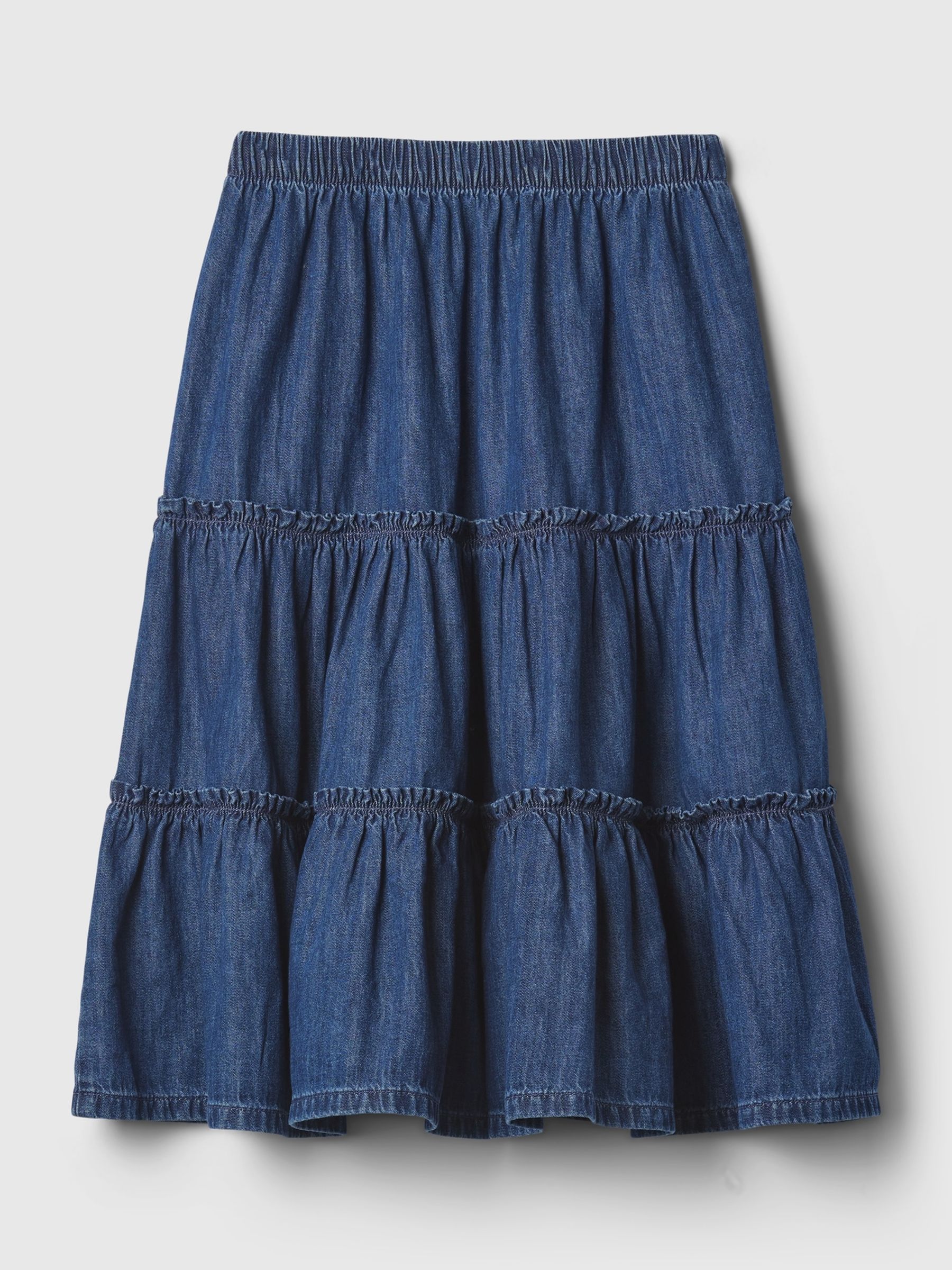 Blue Cotton Tiered Denim Midi Skirt 4 13yrs